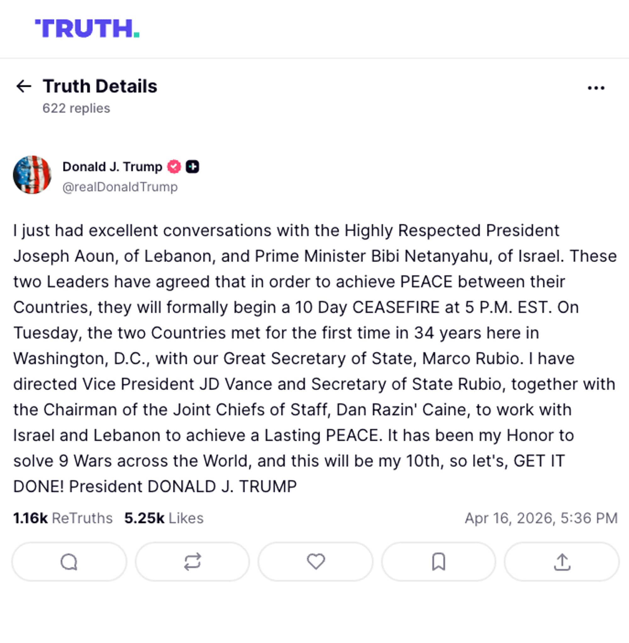 Skjermbilde av Donald Trump sin post i sosiale medier