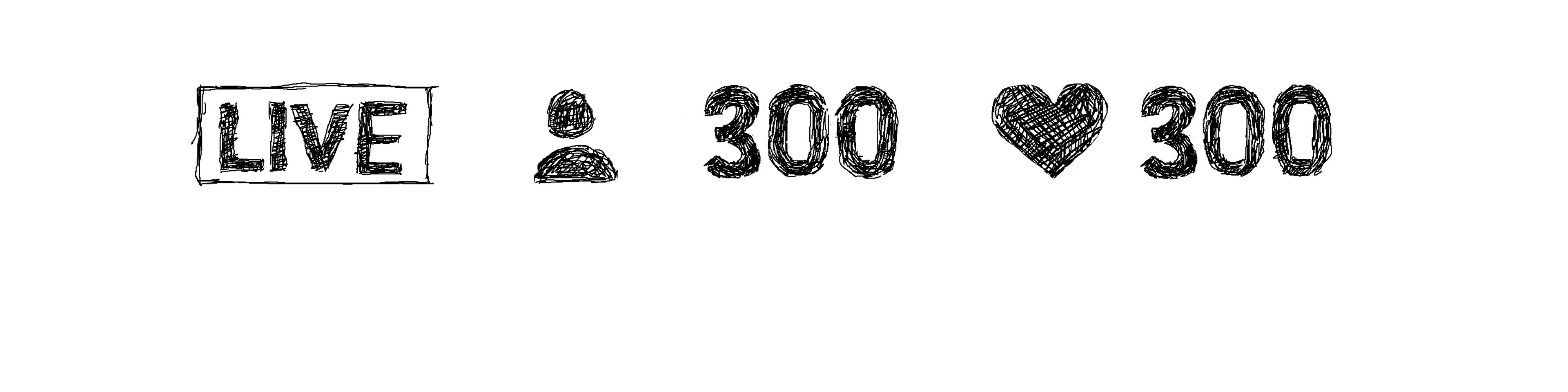 Illustrasjon av symboler som vises når sosiale medier sender direkte video. Det står "live", et symbol av et menneske med tallet 300 som indikerer hvor mange som ser på, og et hjerte med tallet 300 som indikerer hvor mange som har likt videoen.