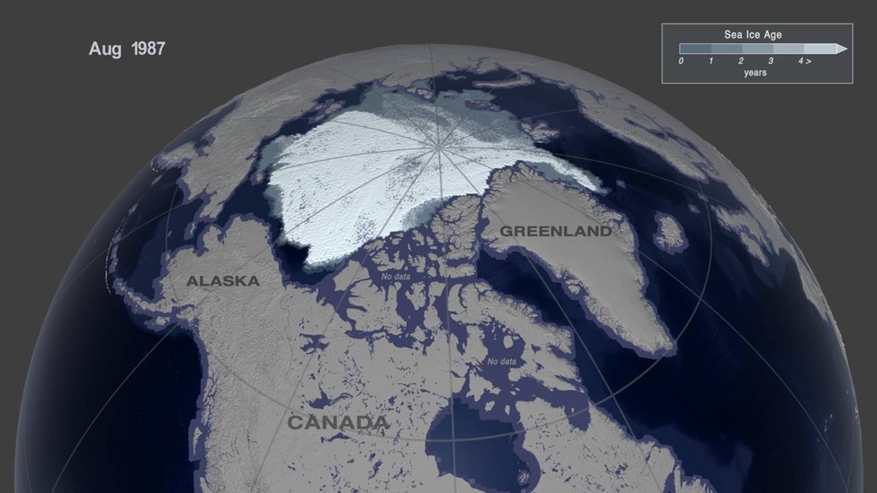 This image shows the Arctic sea ice age in August, 1987