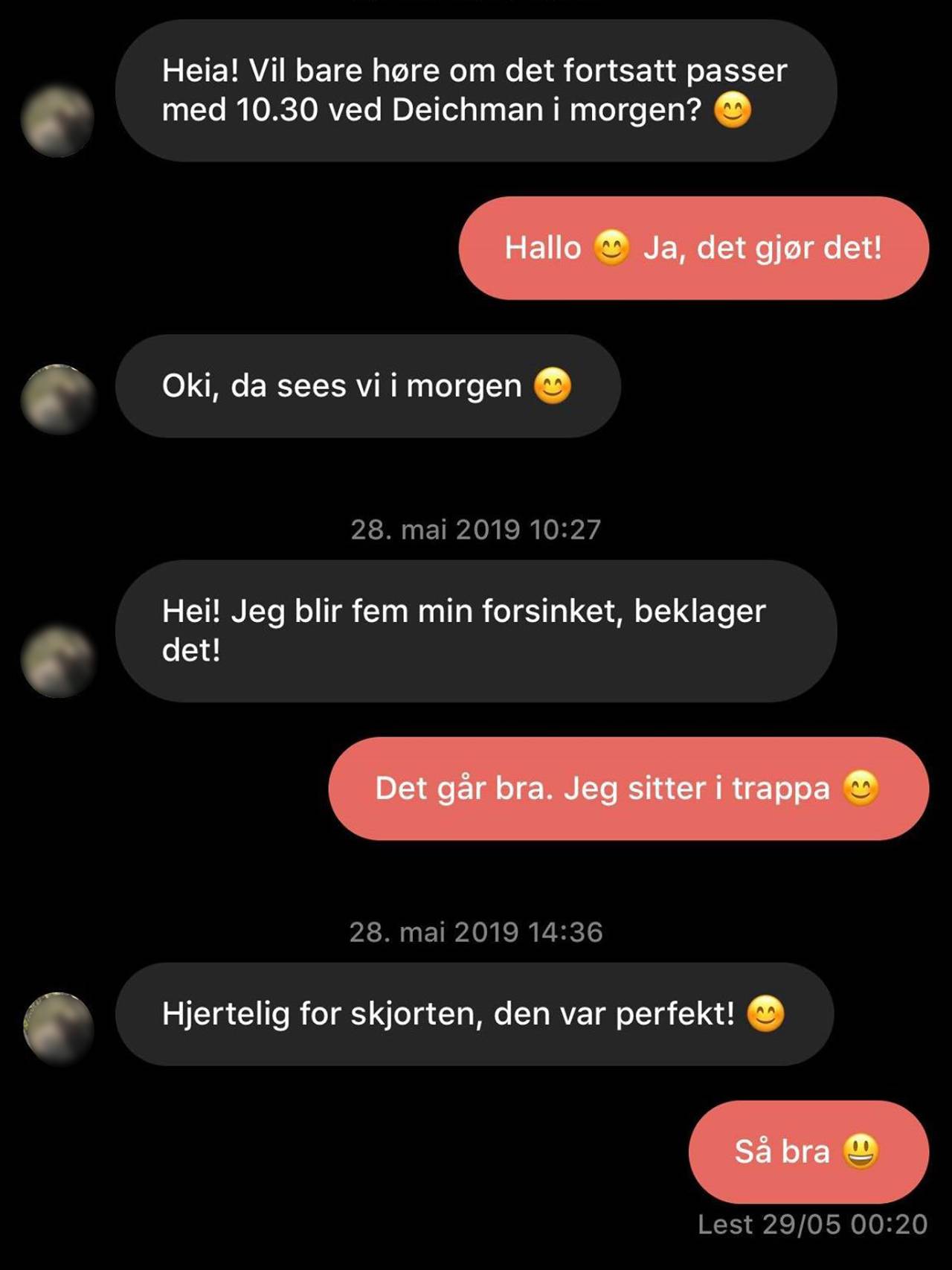 Hyggelig interaksjon mellom to brukere på bruktklær-appen Tise