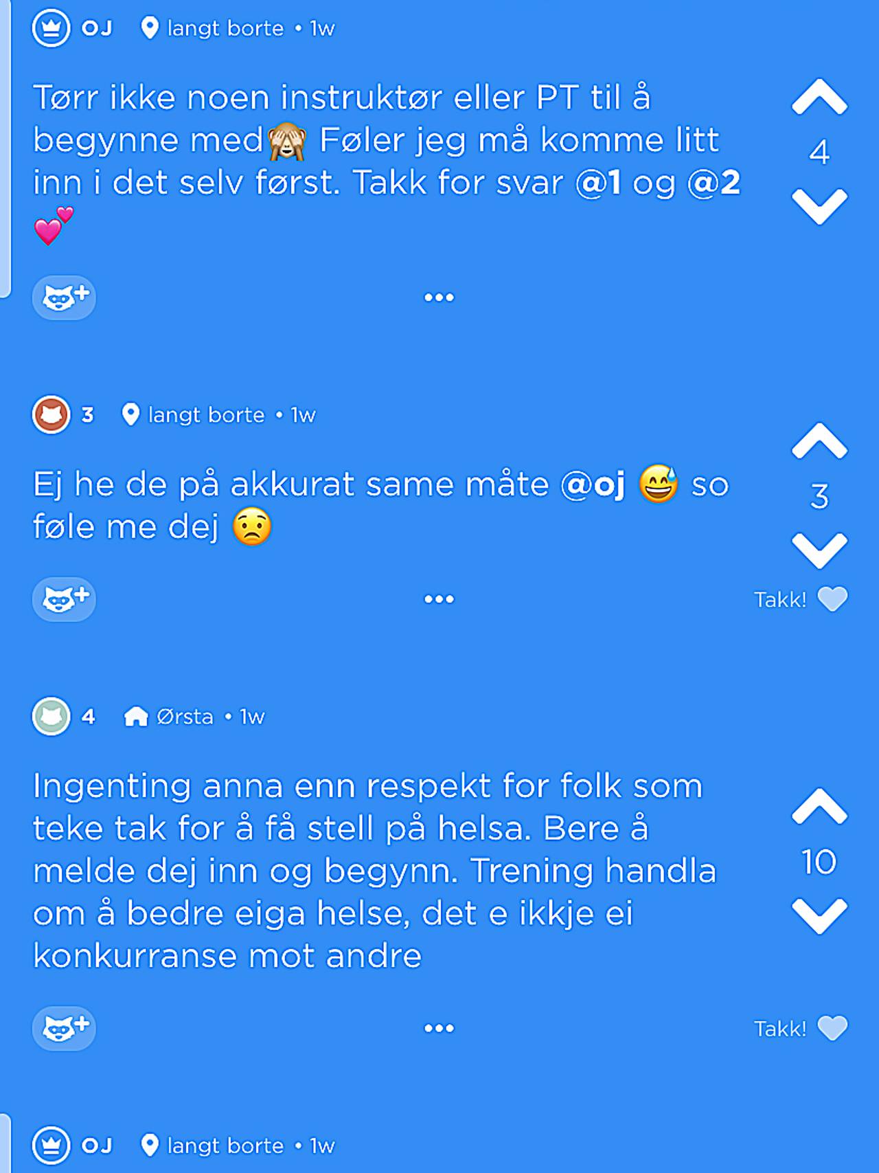 Skjermdump av jodel-tråd om å dra på treningssenter som overvektig. Ein person svarer at han har det på same måte.
