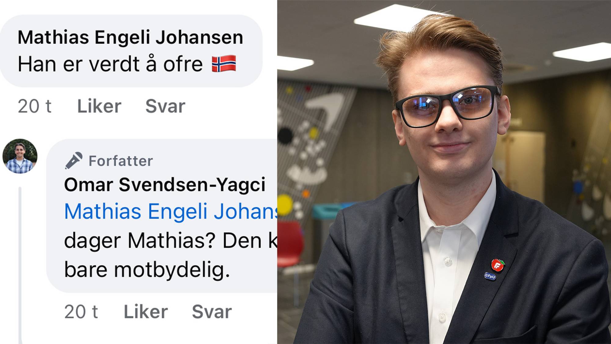 Kommunestyremedlem i Ringsaker Frp og 2.vara til Stortinget, Mathias Engeli Johansen, skrev «Han er verdt å ofte» under støtteerklæring til Rød Ungdom-lederen