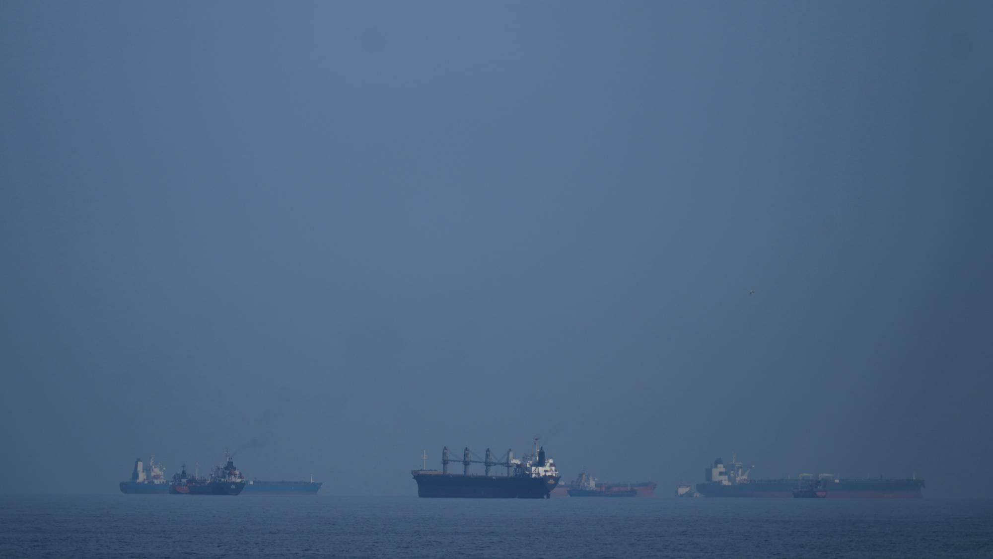 Flere skip er synlige på havet, omringet av tåke, som gir en dyster stemning. Det er både tankskip og fraktbåter i forskjellig størrelse. Havoverflaten er rolig, og himmelen er grå og overskyet. (Bildebeskrivelsen er laget av en KI-tjeneste)