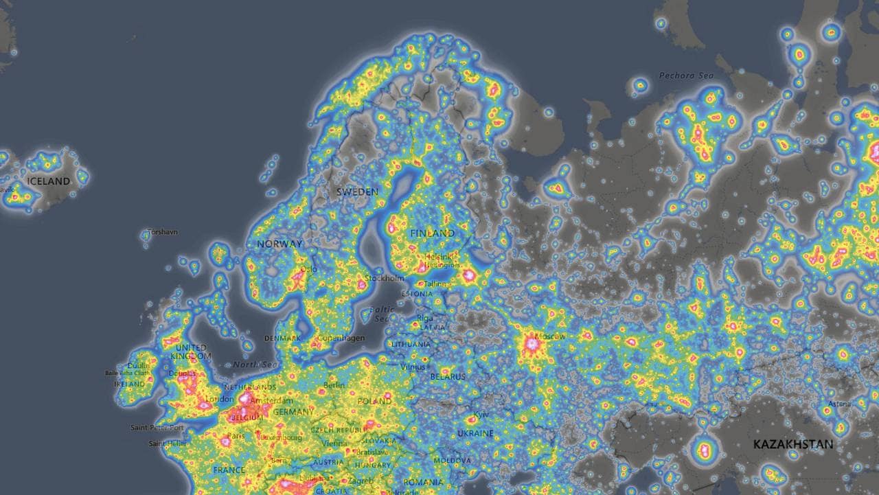 Her er kart over lysforurensning.