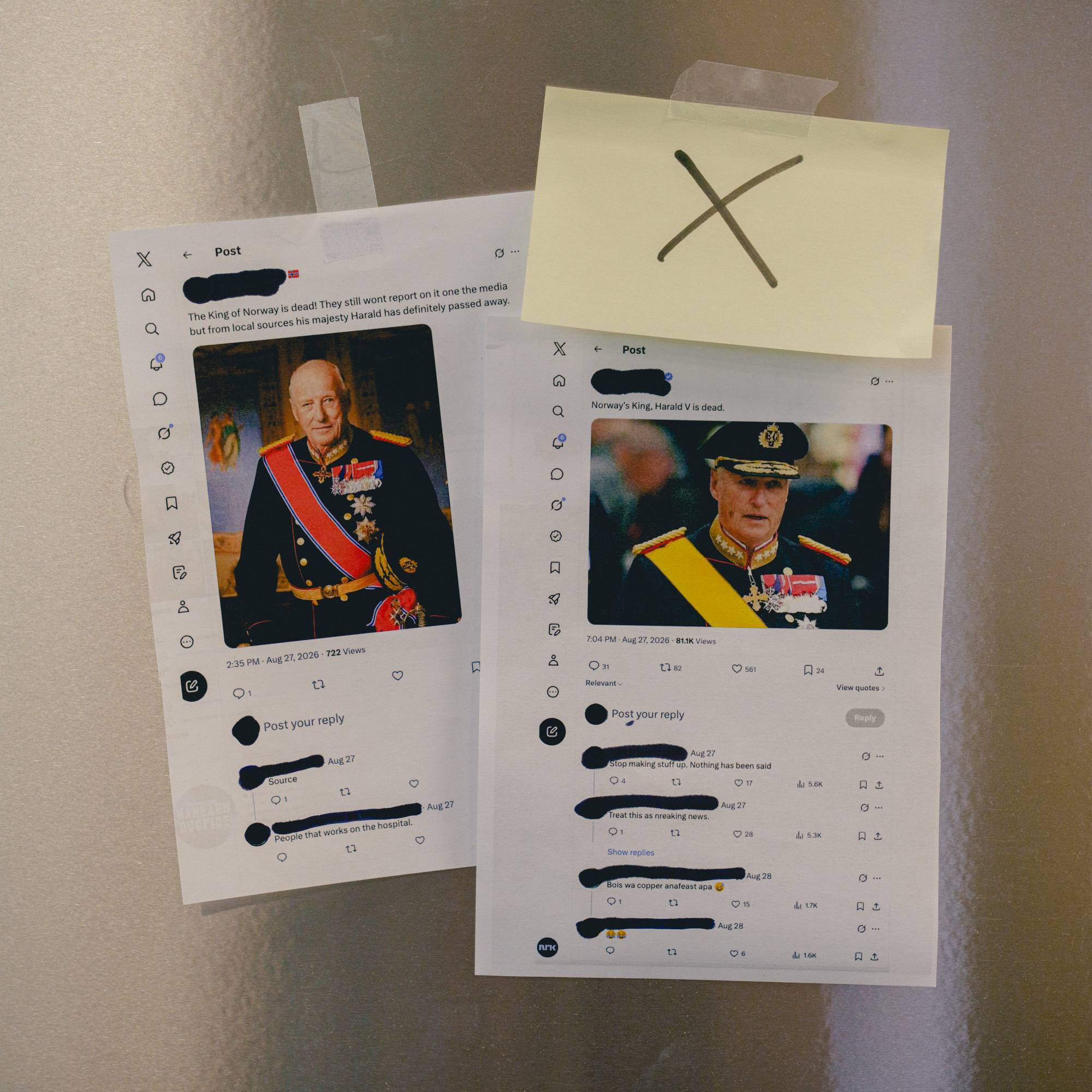 To utskrifter av innlegg publisert på X som hevdet at kongen hadde dødd den 27. august.