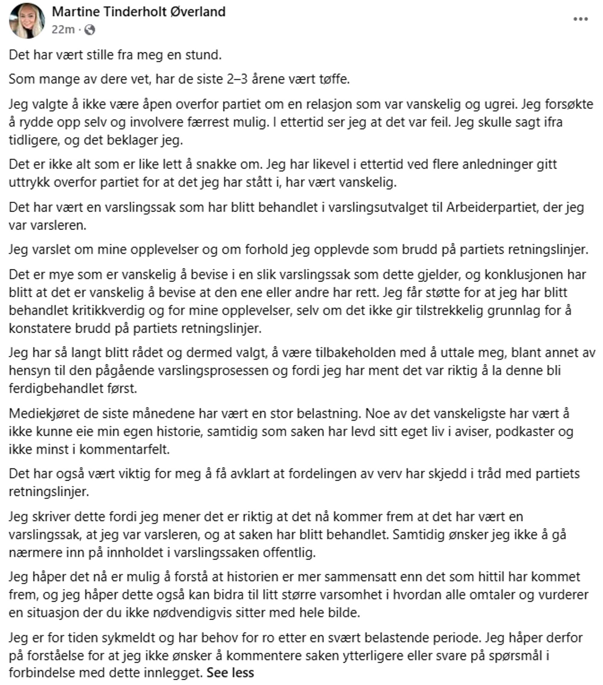 Et skjermbilde av et innlegg på Facebook.