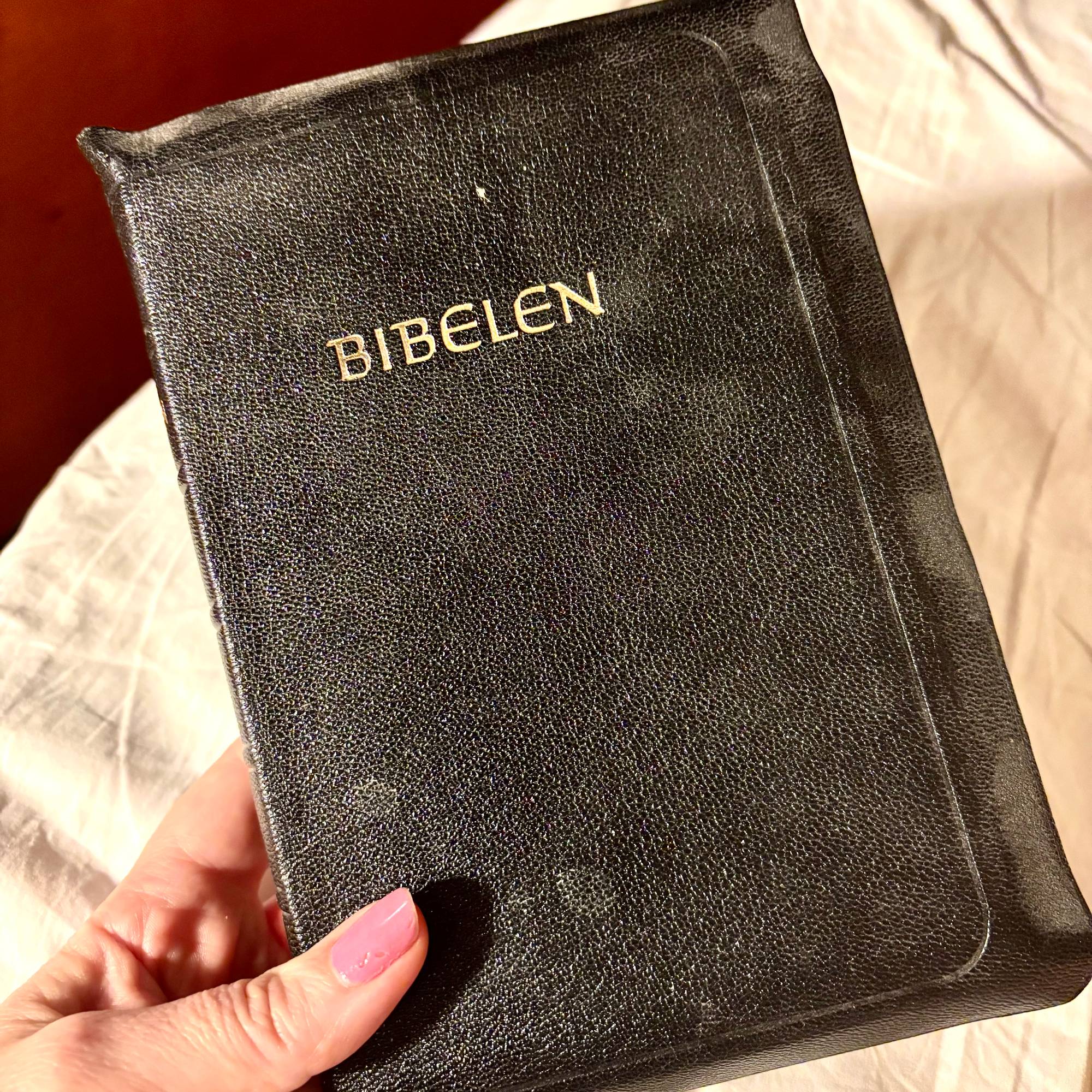 En støvete svart Bibel i en hånd