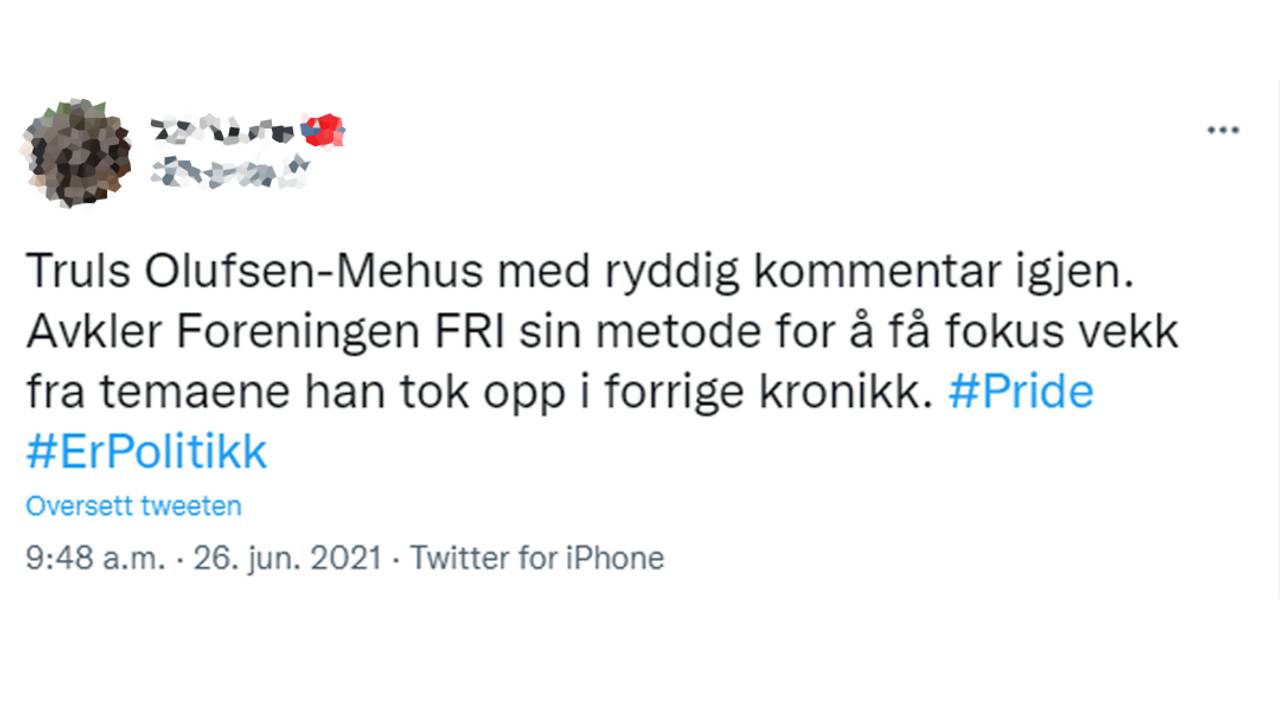 Twittermelding om Olufsen-Mehus.