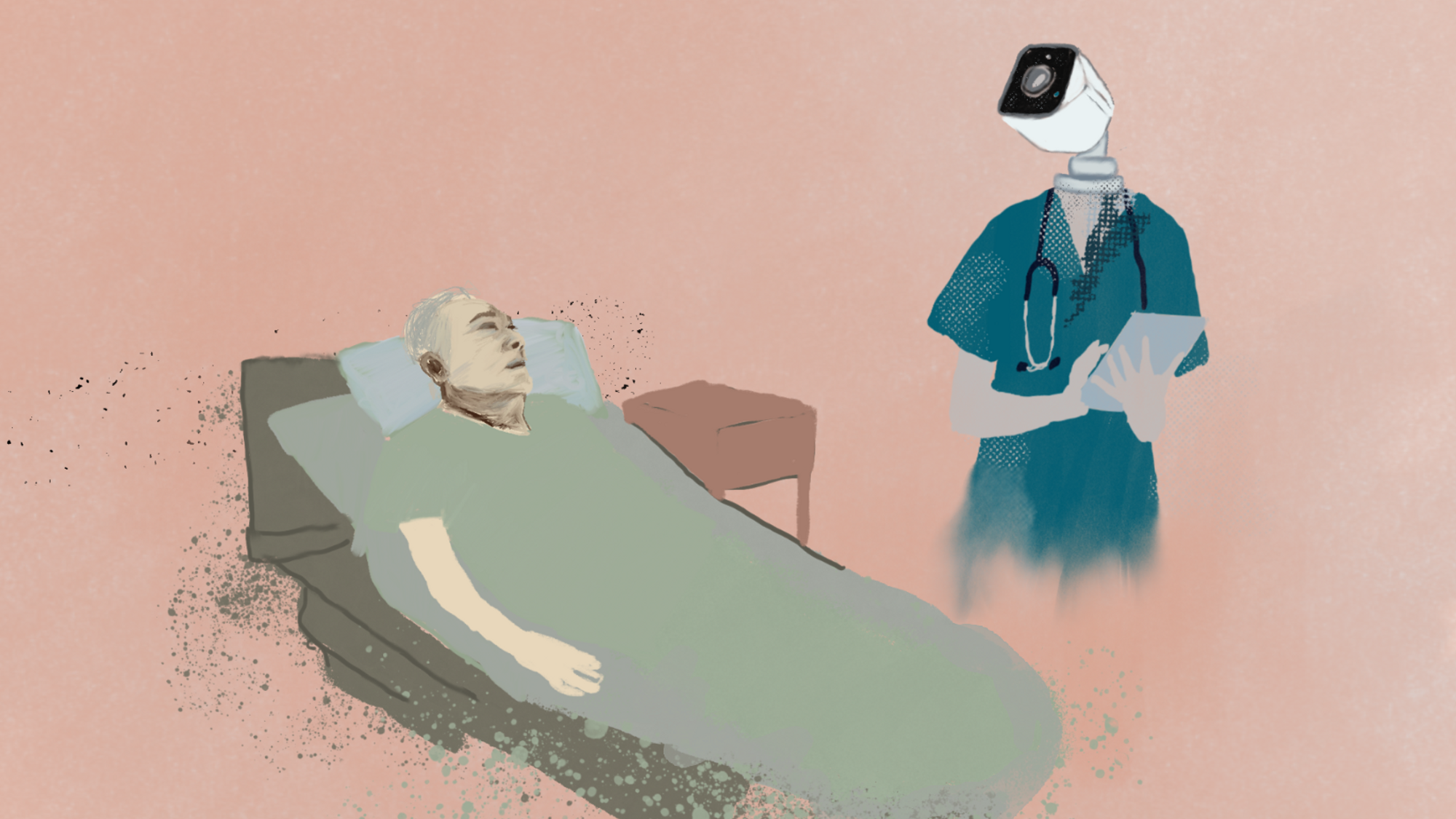 en mann ligger i en sykeseng, ved siden av står en sykepleier med kamera som hode