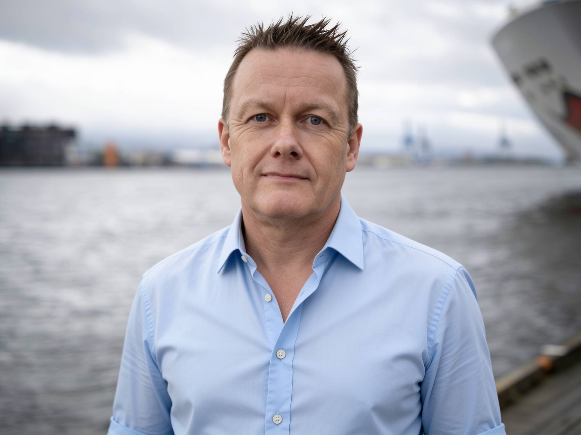 Portrett av mann i lyseblå skjorte ved en havn. Bakgrunnen viser sjø og konturer av et skip. (Bildebeskrivelsen er laget av en KI-tjeneste)