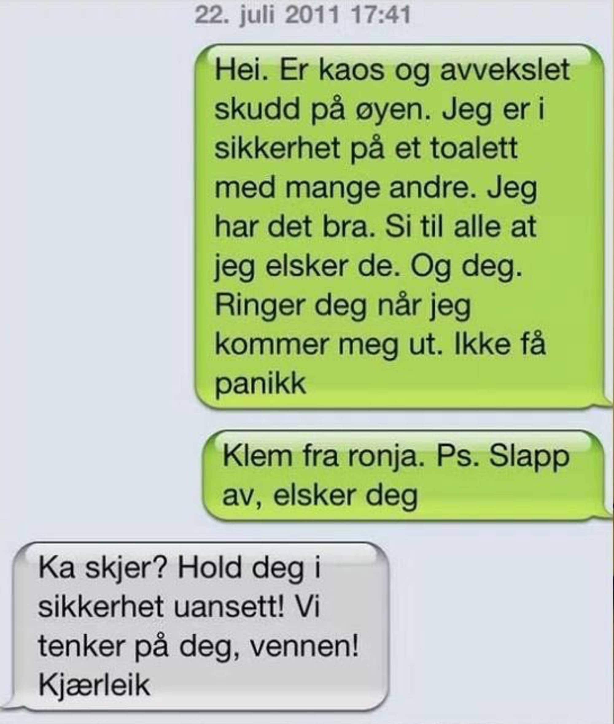Ronja breisnes sin melding til mamma fra Utøya 