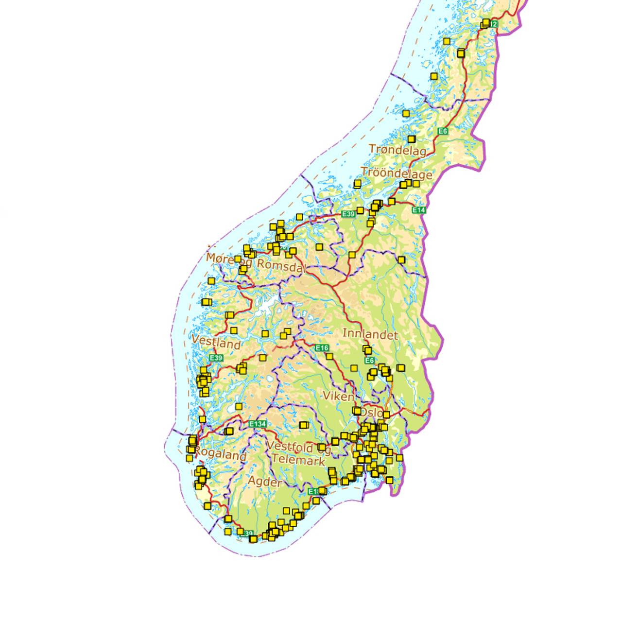 DSBs kart over tilfluktsrom i sør.