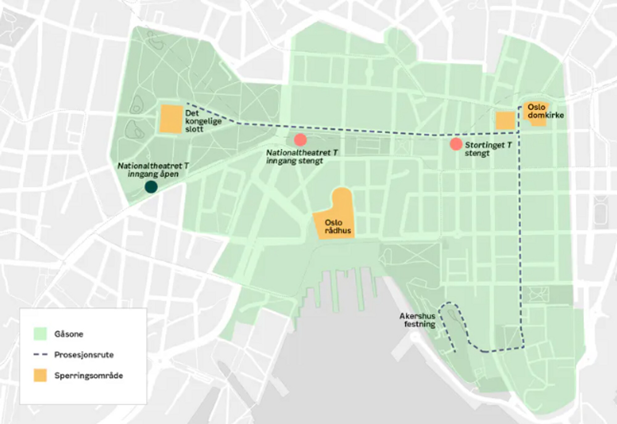 Kartet viser gåsone i sentrum av Oslo på gravferdsdagen. 