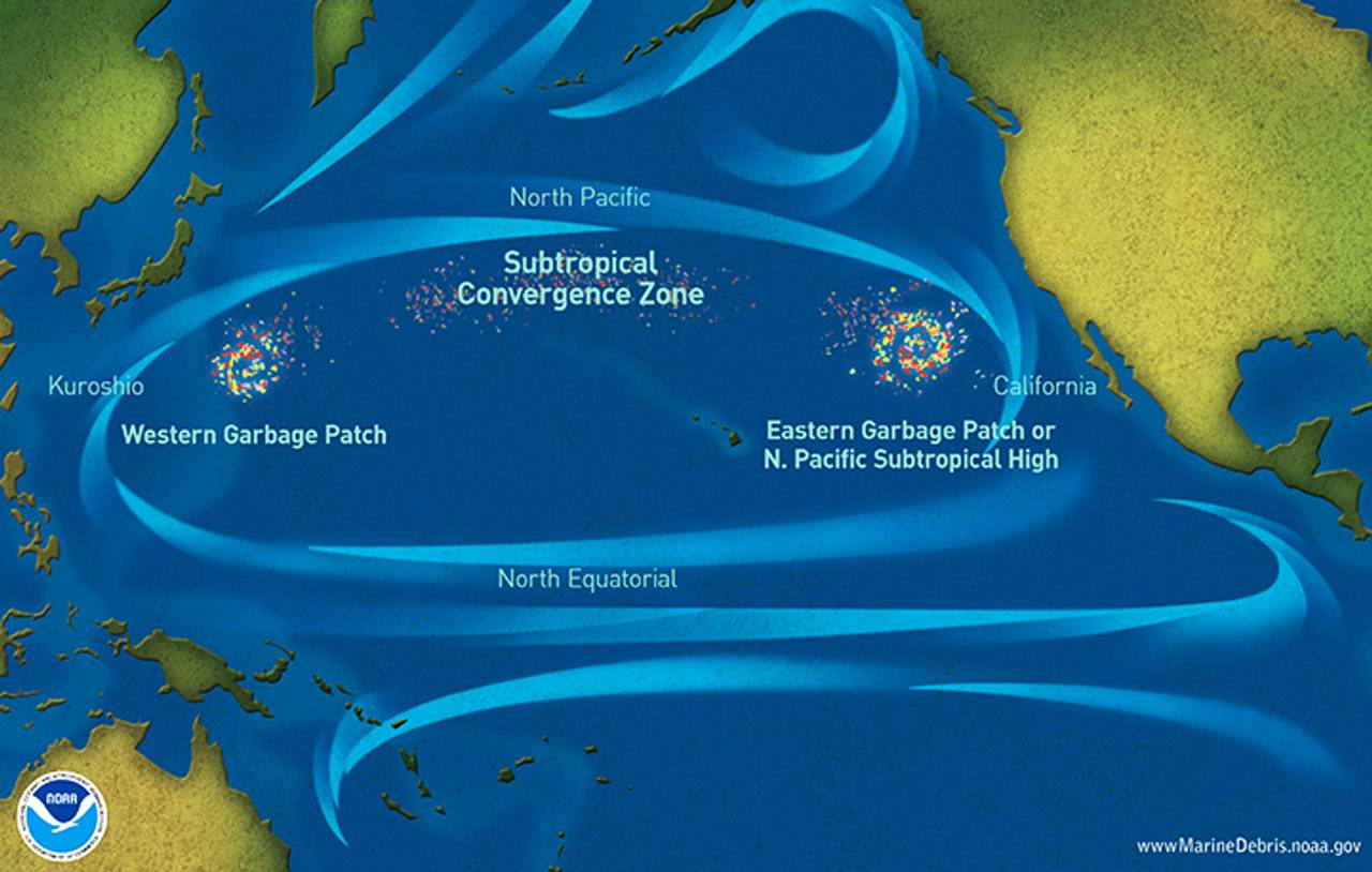 Kart fra USAs Hav- og Atmosfære-etat (NOAA) som viser hvor de største plastkonsentrasjonene er