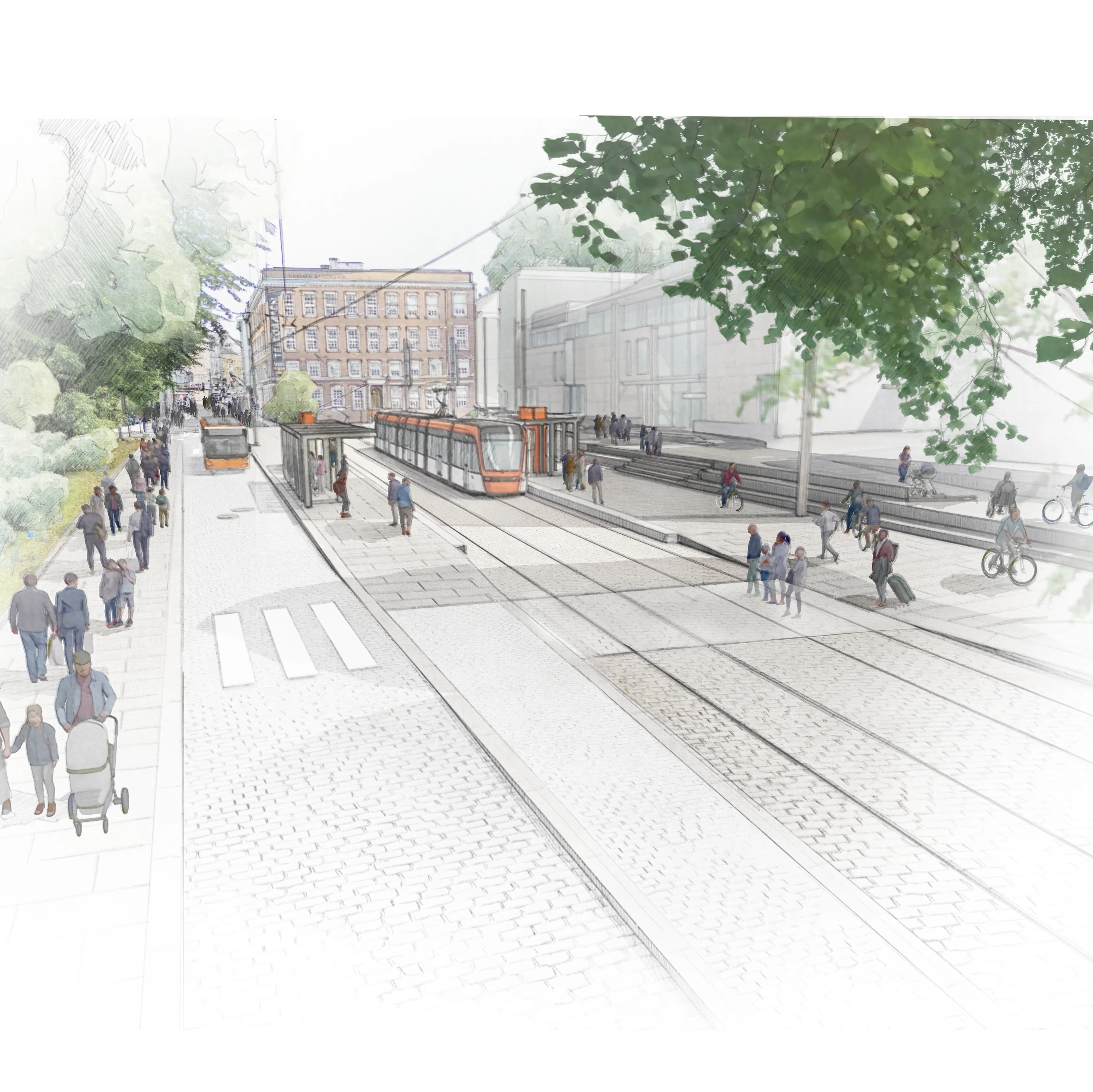 Illustrasjonsteikning av planlagd bybanetrase frå Bergen sentrum til Åsane bydel: Kaigaten i sentrum.