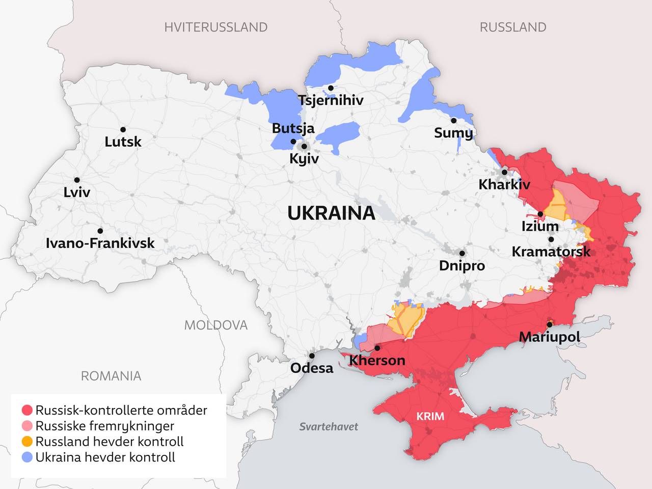 Kart over krigen i Ukraina 14. april 2022