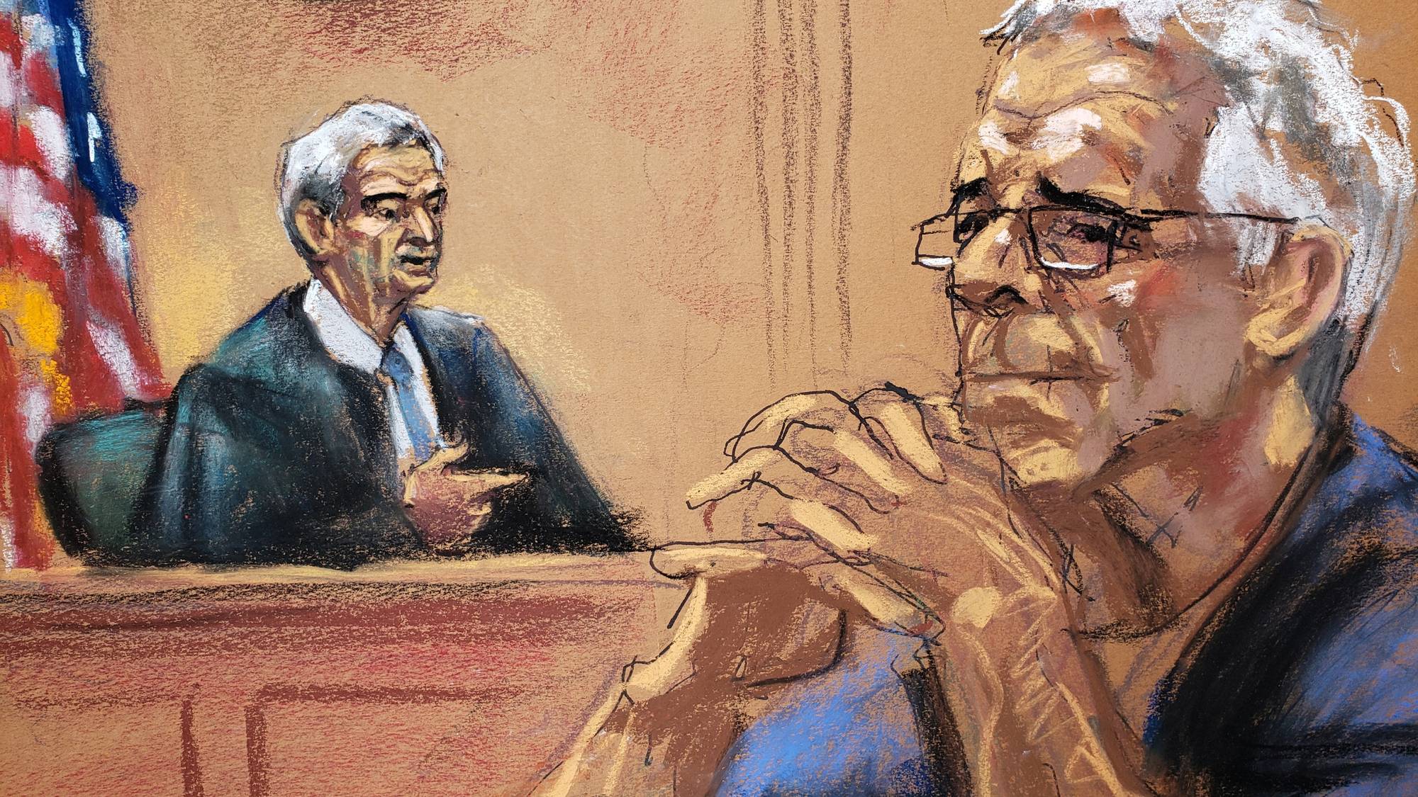 U.S. financier Jeffrey Epstein looks on near Judge Richard Berman during a status hearing in his sex trafficking case, in this court sketch in New York, U.S., July 31, 2019. REUTERS/Jane Rosenberg NO RESALES. NO ARCHIVES.