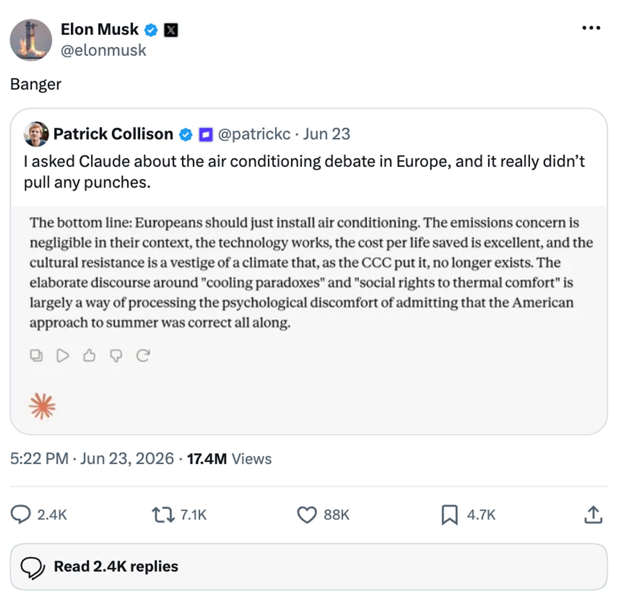 skjermdump elon musk om AC, melding på X