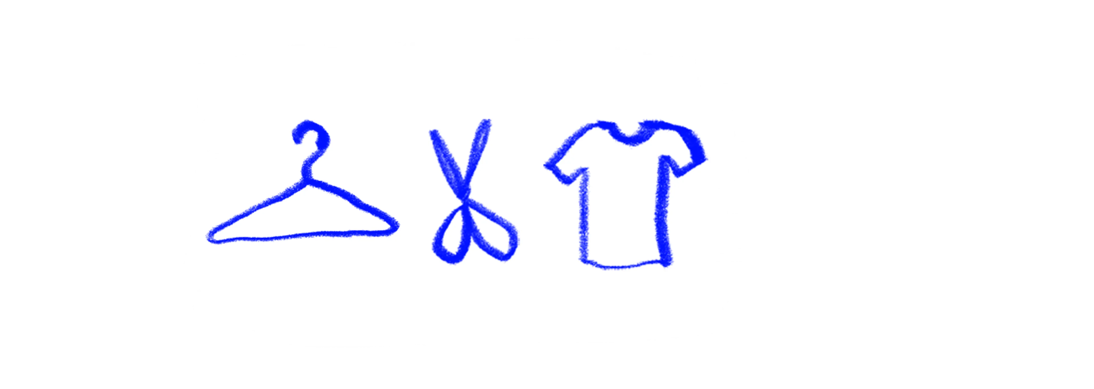 illustrasjon med blå tusj. En kleshenger, en saks og en tskjorte.