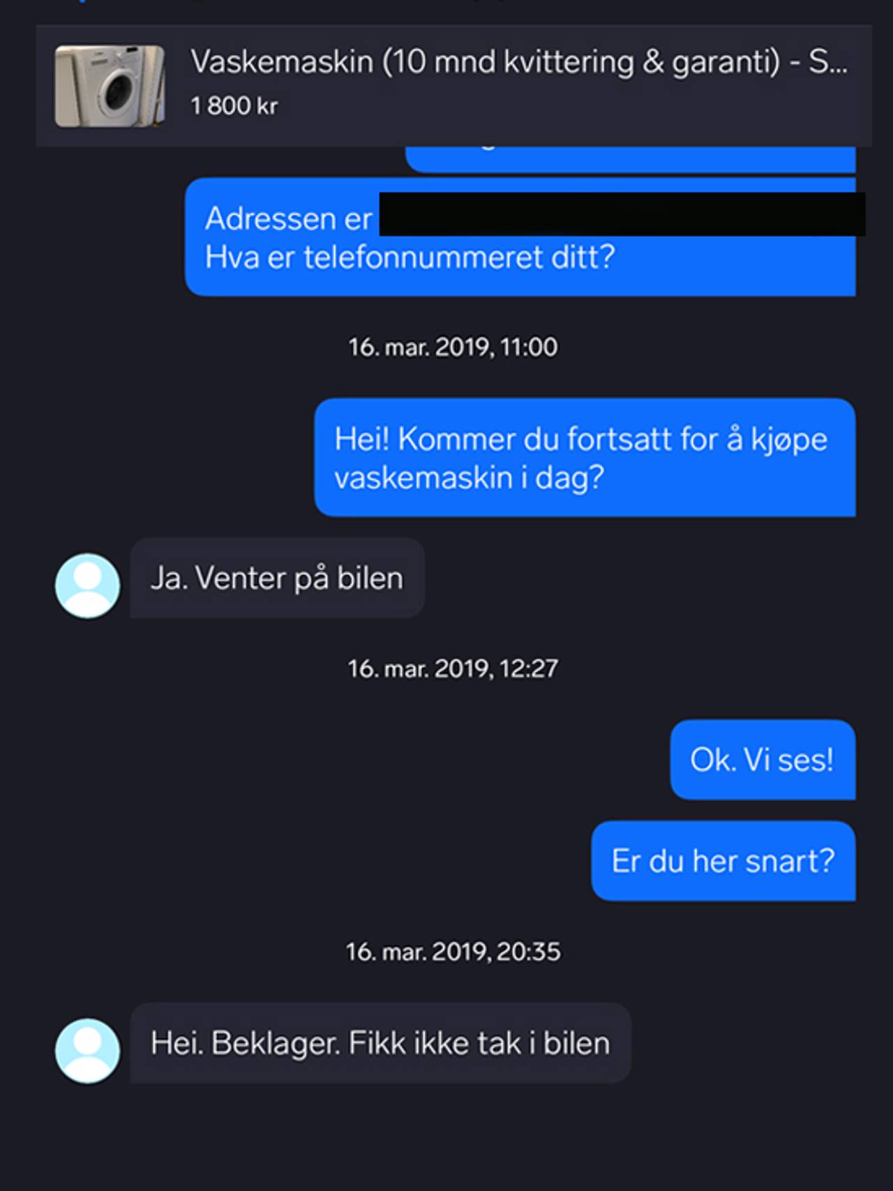 En skjermdump av en meldingstråd hvor to personer avtaler henting av vaskemaskin.