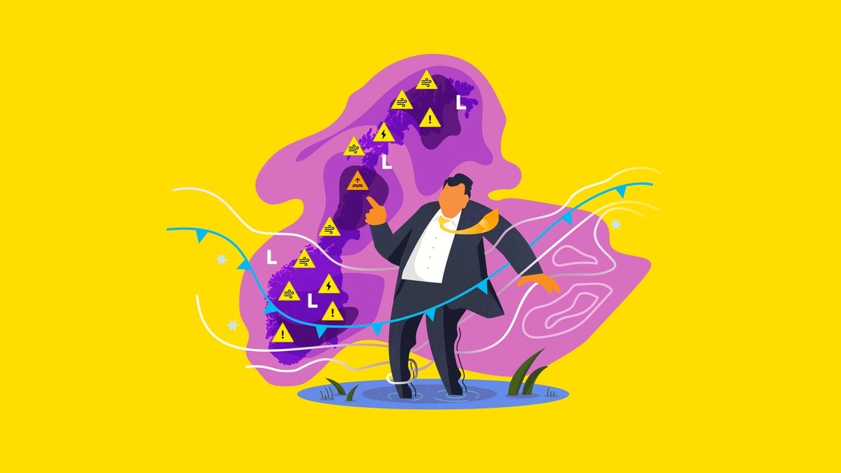 Illustrasjon av Kristian Gislefoss foran et værkart i storm. 
Gul bakgrunn.