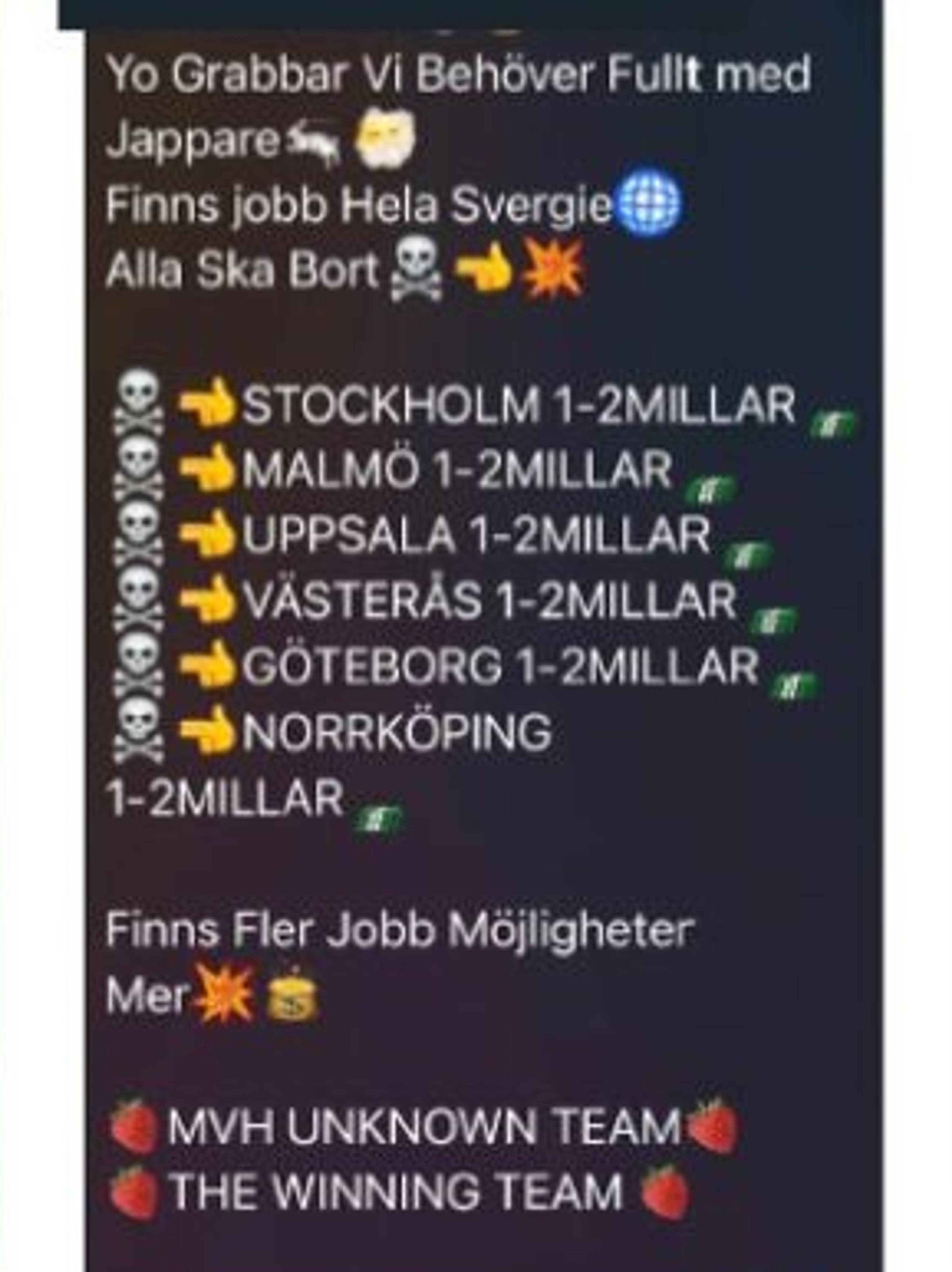 Skjermbilder av meldinger på Telegram som viser ulovlig virksomhet og prisliste for oppdrag.