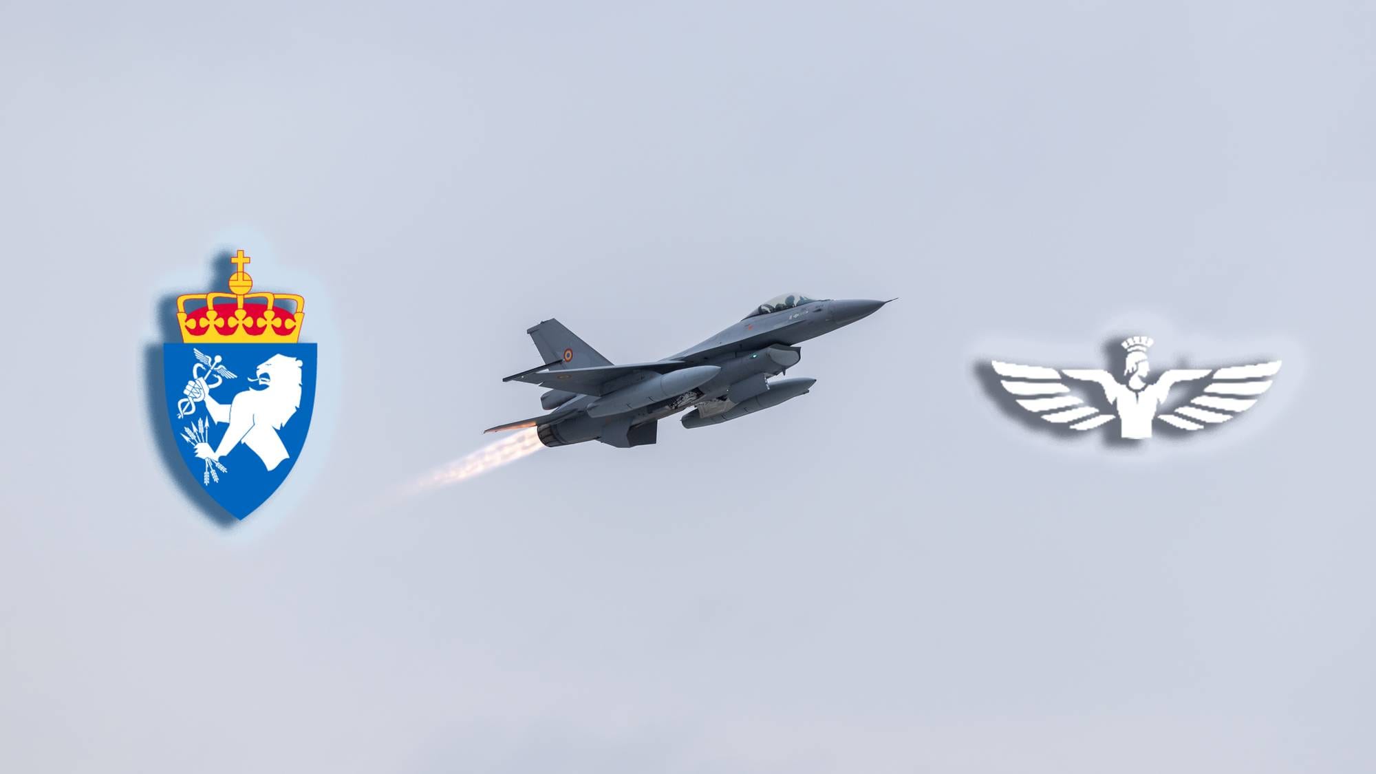 Bilde av F16-fly og logoene til forsvarsmateriell og deadlaus sin logo. 