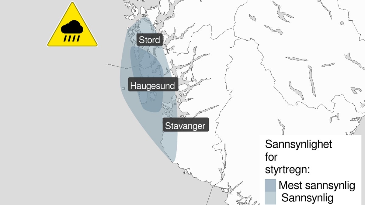 Gult farevarsel for styrtregn i Sunnhordland. FOTO: Meteorologisk institutt Gult farevarsel for styrtregn i Sunnhordland. FOTO: Meteorologisk institutt