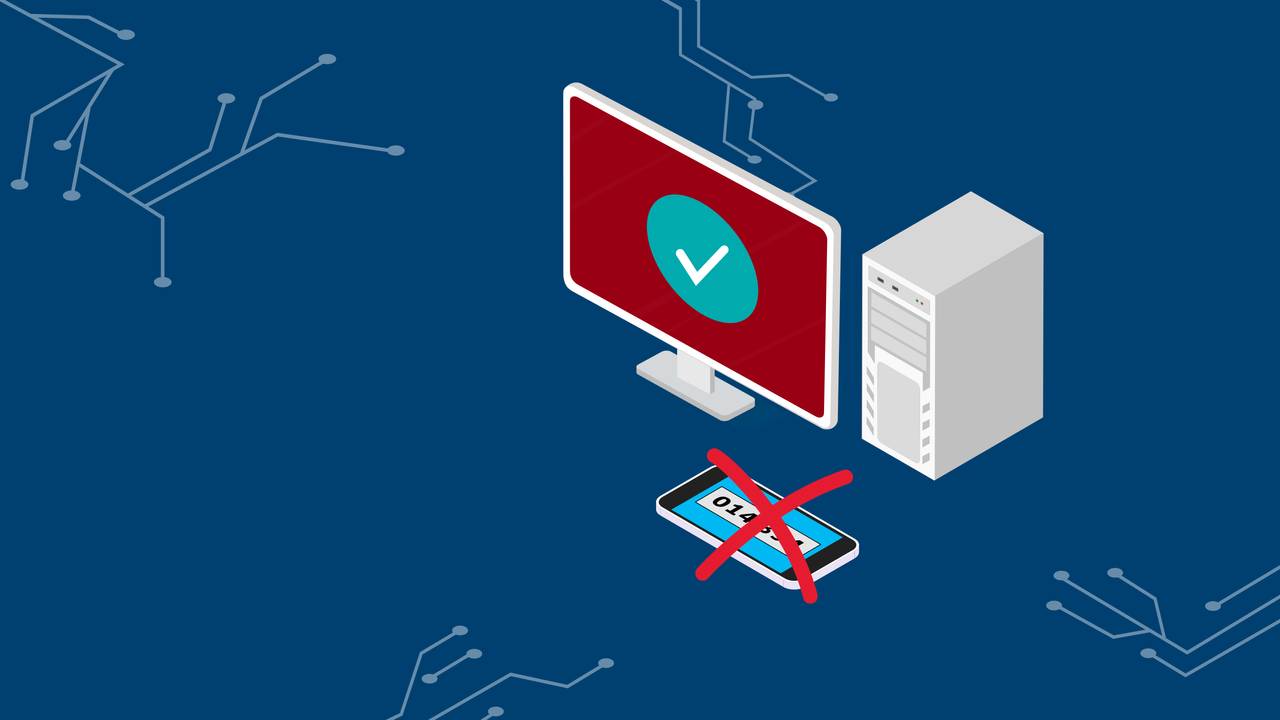 Illustrasjonen viser hackerens datamaskin. Skjermen har en fiendtlig rødfarge, samtidig som at et symbol viser at hackeren har fått logget seg inn. Ved siden av ligger en mobiltelefon, men det er et kryss over den.