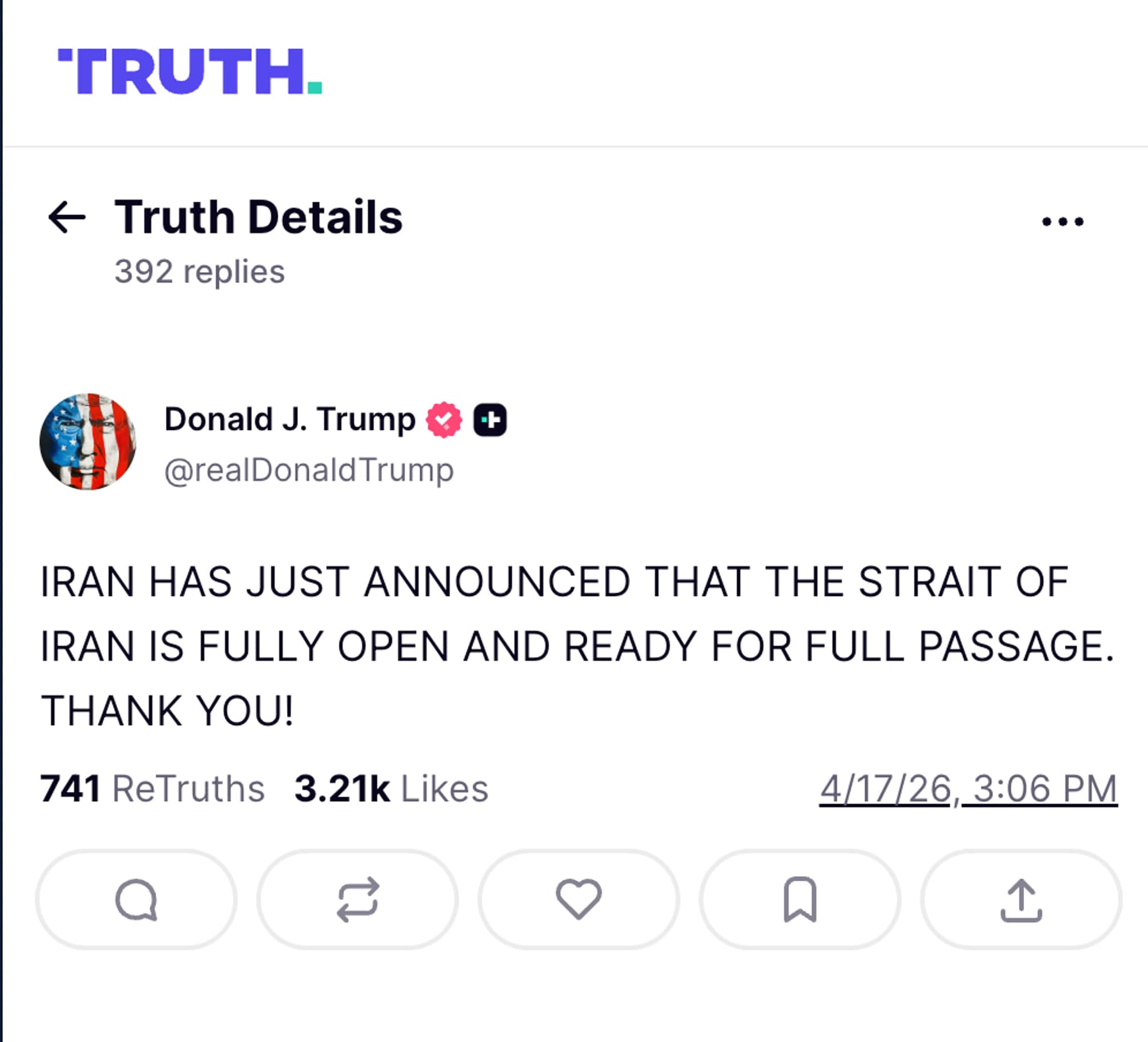 Skjermdup fra Truth sosial. Trump skriver at Iran har annonsert at Iran er klar for full passage.