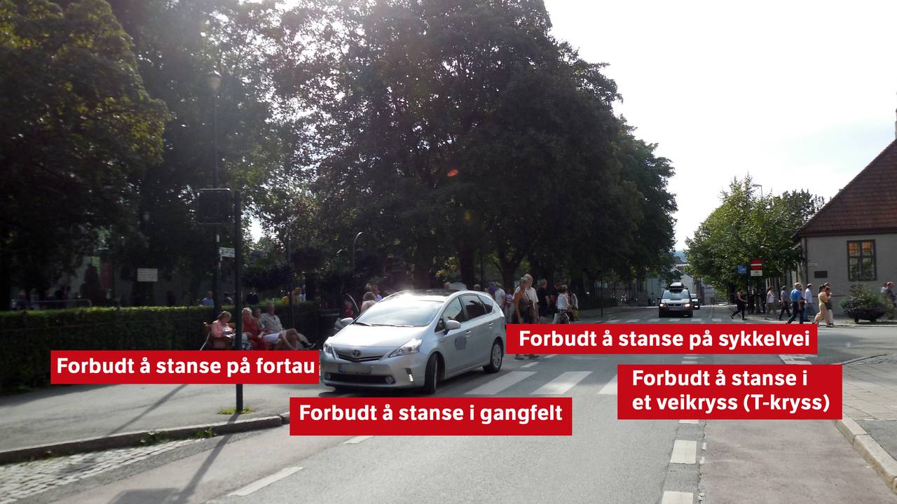 Fasit på spørsmålet fra forrige bilde.
1. Forbudt å stanse på fortau
2. Forbudt å stanse i gangfelt
3. Forbudt å stanse på sykkelvei
4. Forbudt å stanse i et veikryss (T-kryss)
