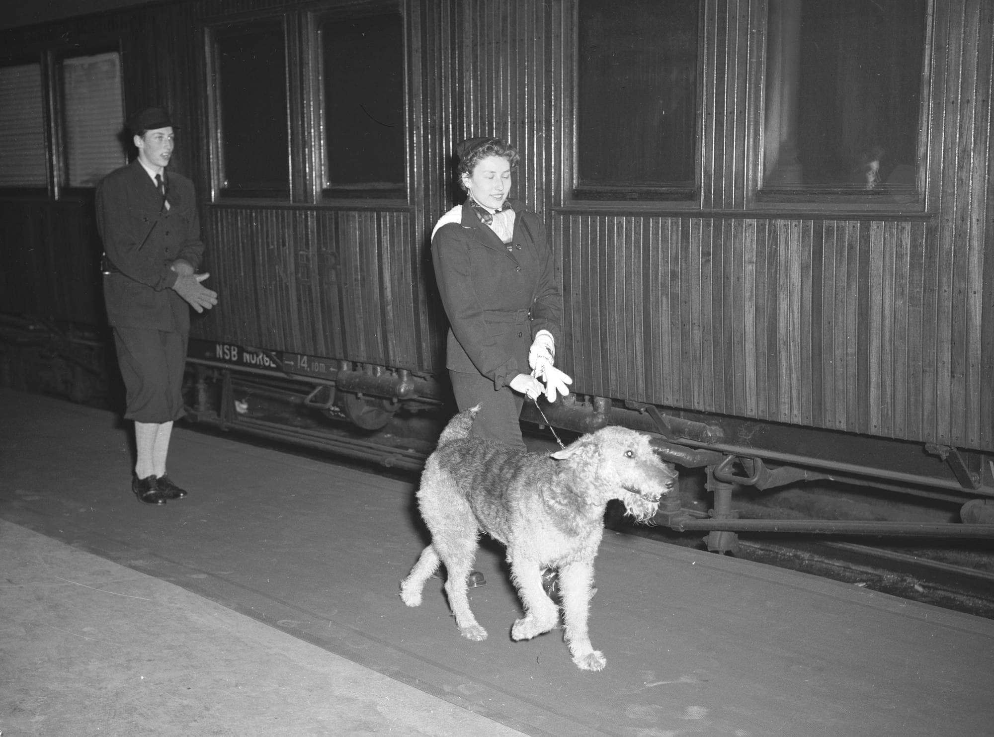 Kvinne med hund på perrong ved et tog, mens en mann står i bakgrunnen. Svart-hvitt fotografi. (Bildebeskrivelsen er laget av en KI-tjeneste)