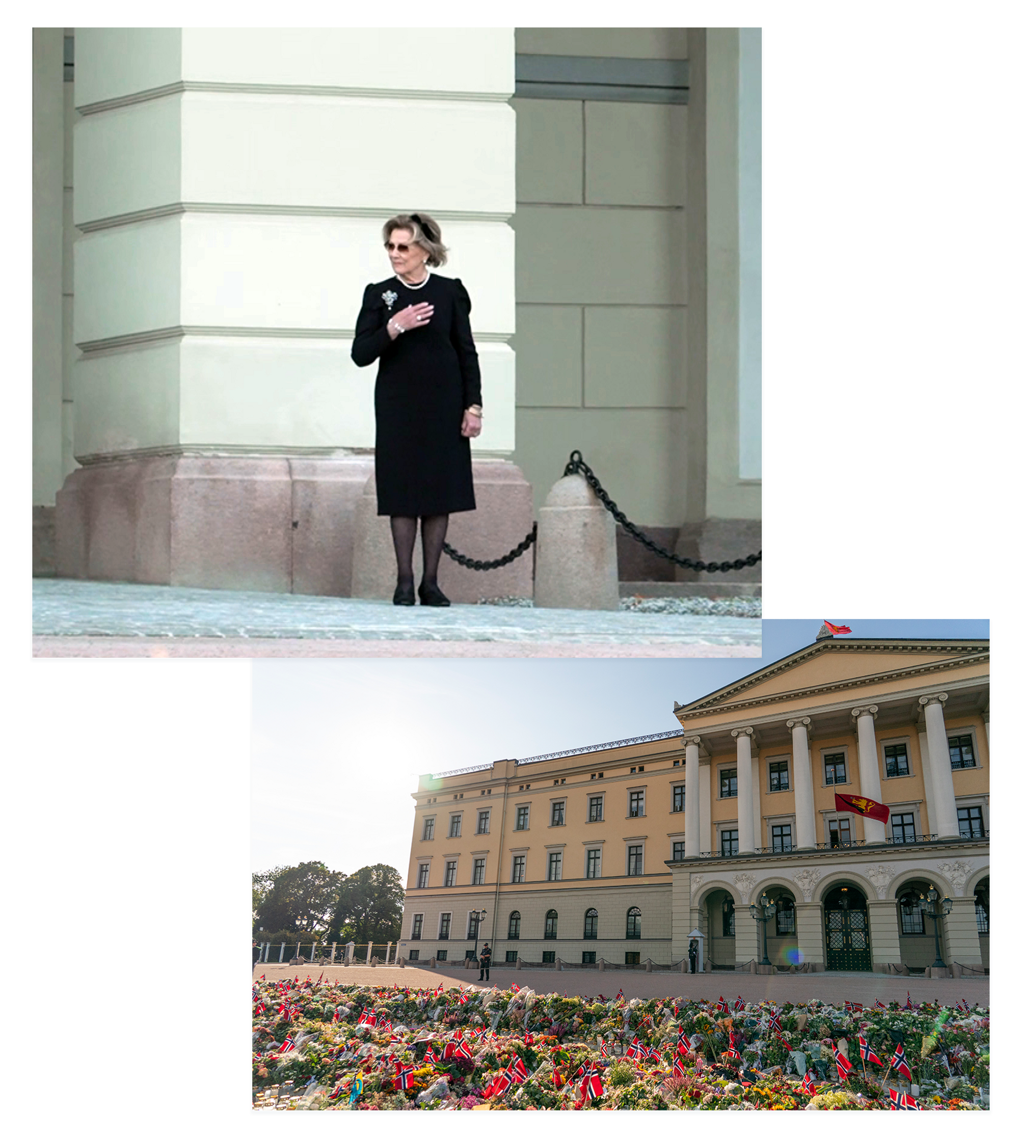 To bilder, dronning Sonja og blomster foran Slottet.