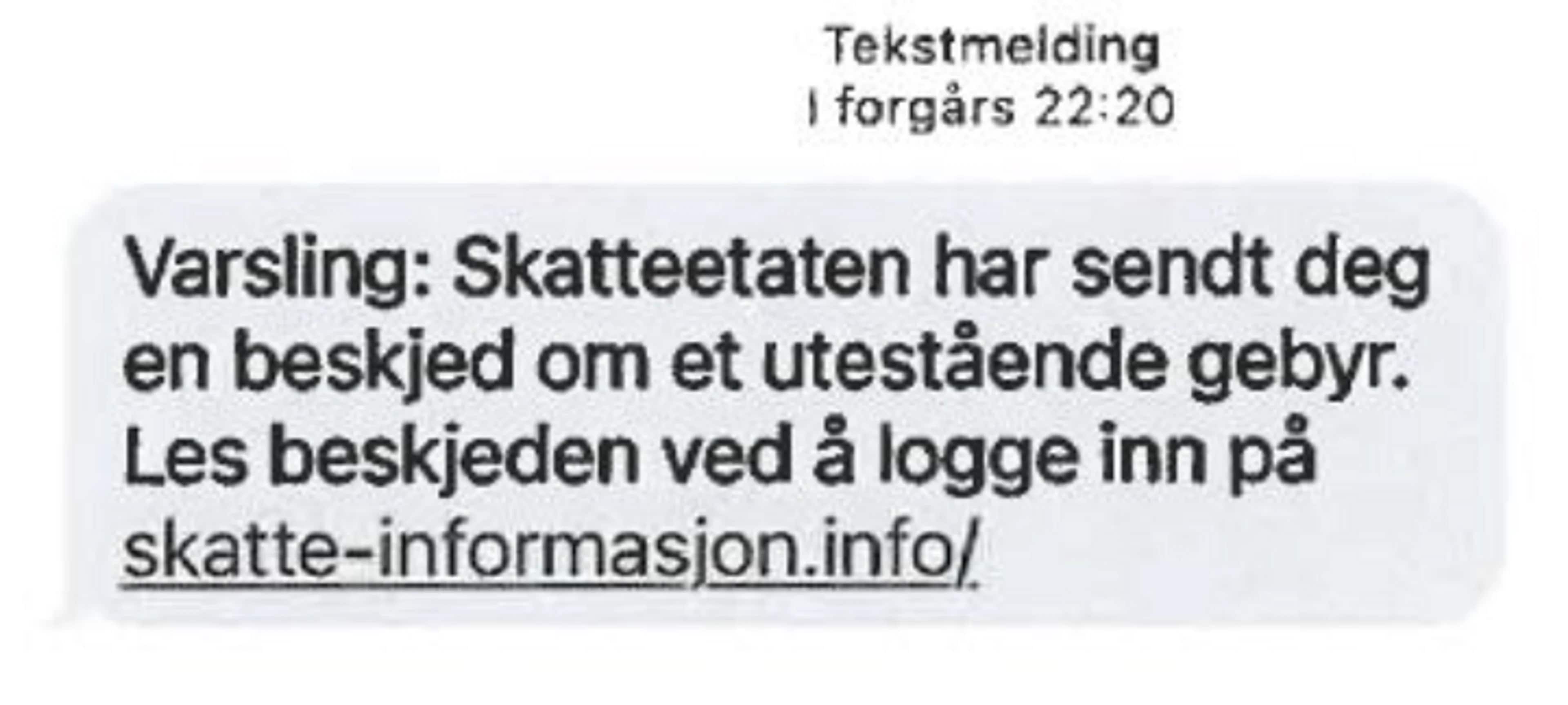 SMS som viser en svindelmelding hvor svindlerne utgir seg for å være fra Skatteetaten.