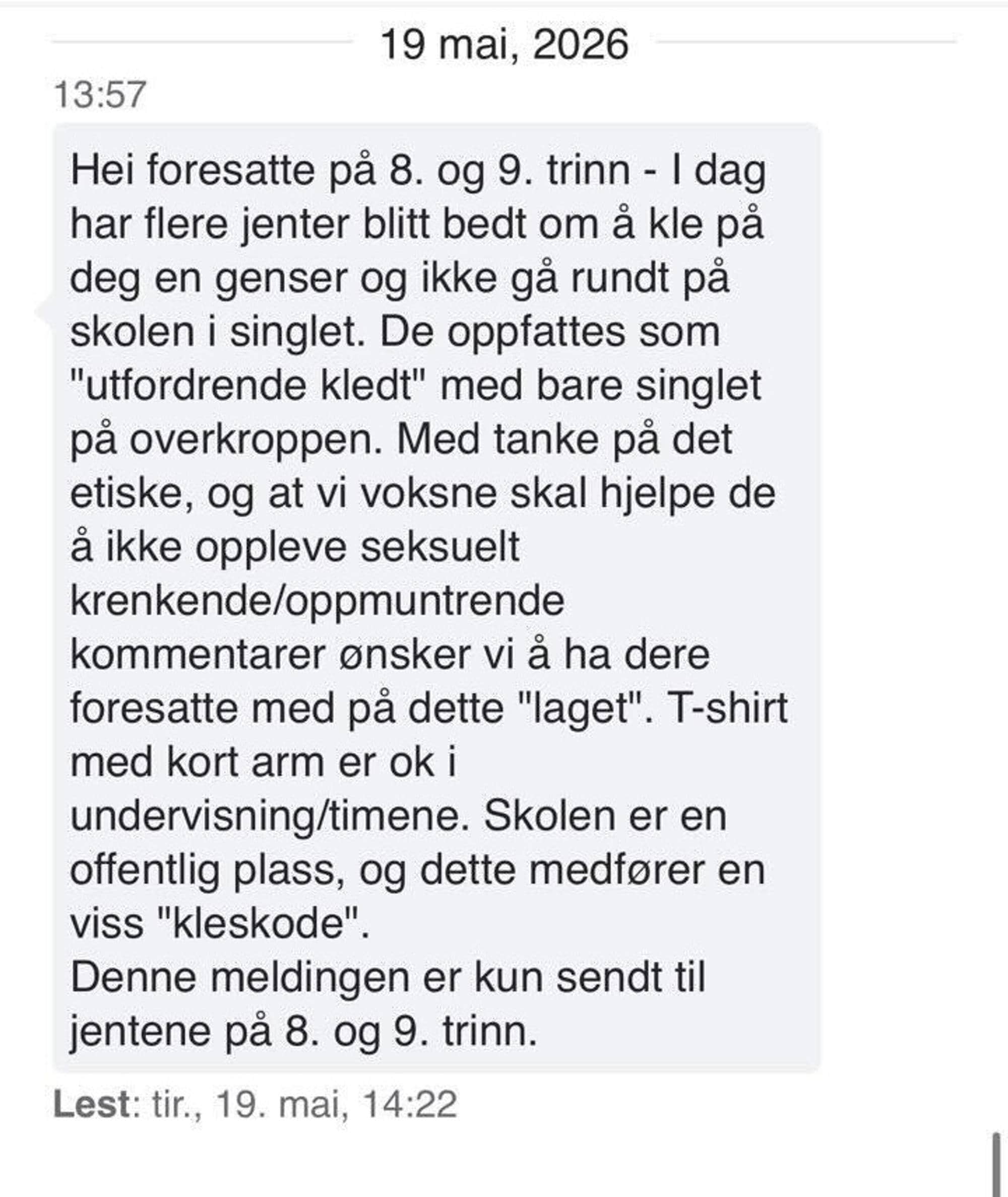Screenshot med melding fra rektor 