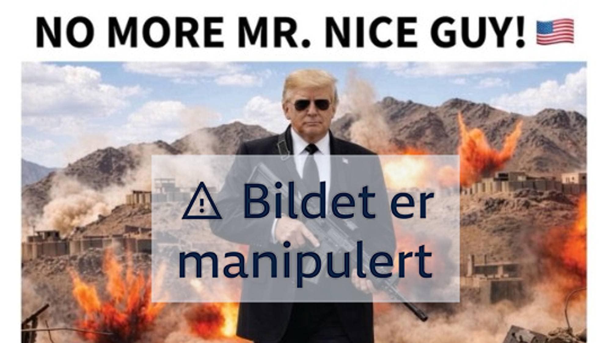 Et ki-generert bilde av Trump som holder et våpen foran et krigsherjet område