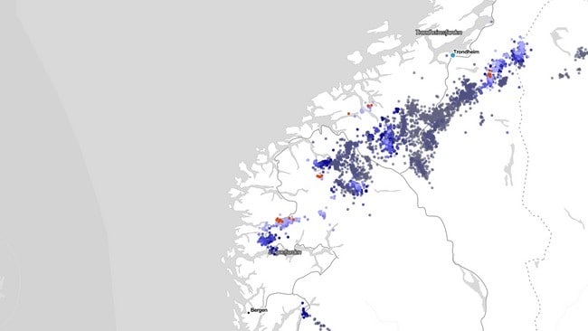 SKJERMDUMP FRA LYN.MET.NO TATT 25. JULI 2021 KLOKKA 19.05. Bildet viser lynnedslag dei siste seks timane før det.