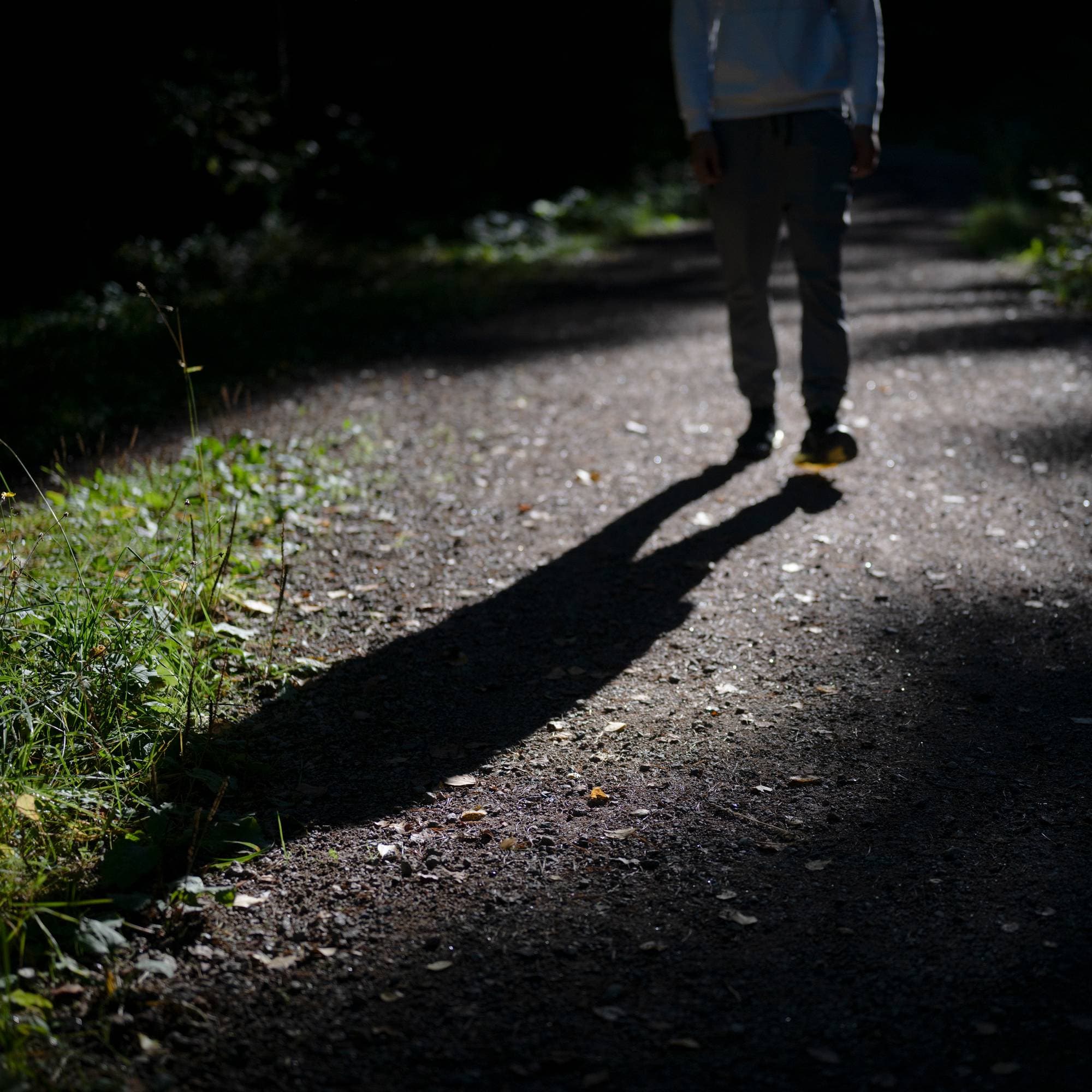 En person står på en grussti med lang skygge kastet fremover i lyset. (Bildebeskrivelsen er laget av en KI-tjeneste)
