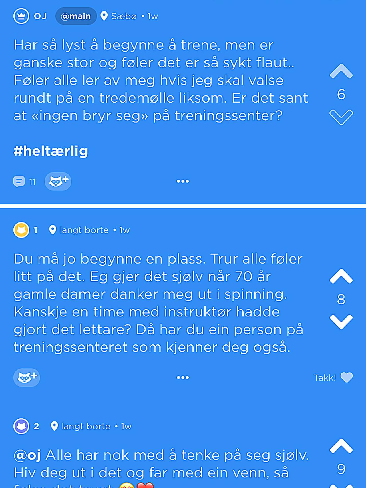 Skjermdump av jodel-tråd om å kvie seg for å starte på treningssenter som overvektig.