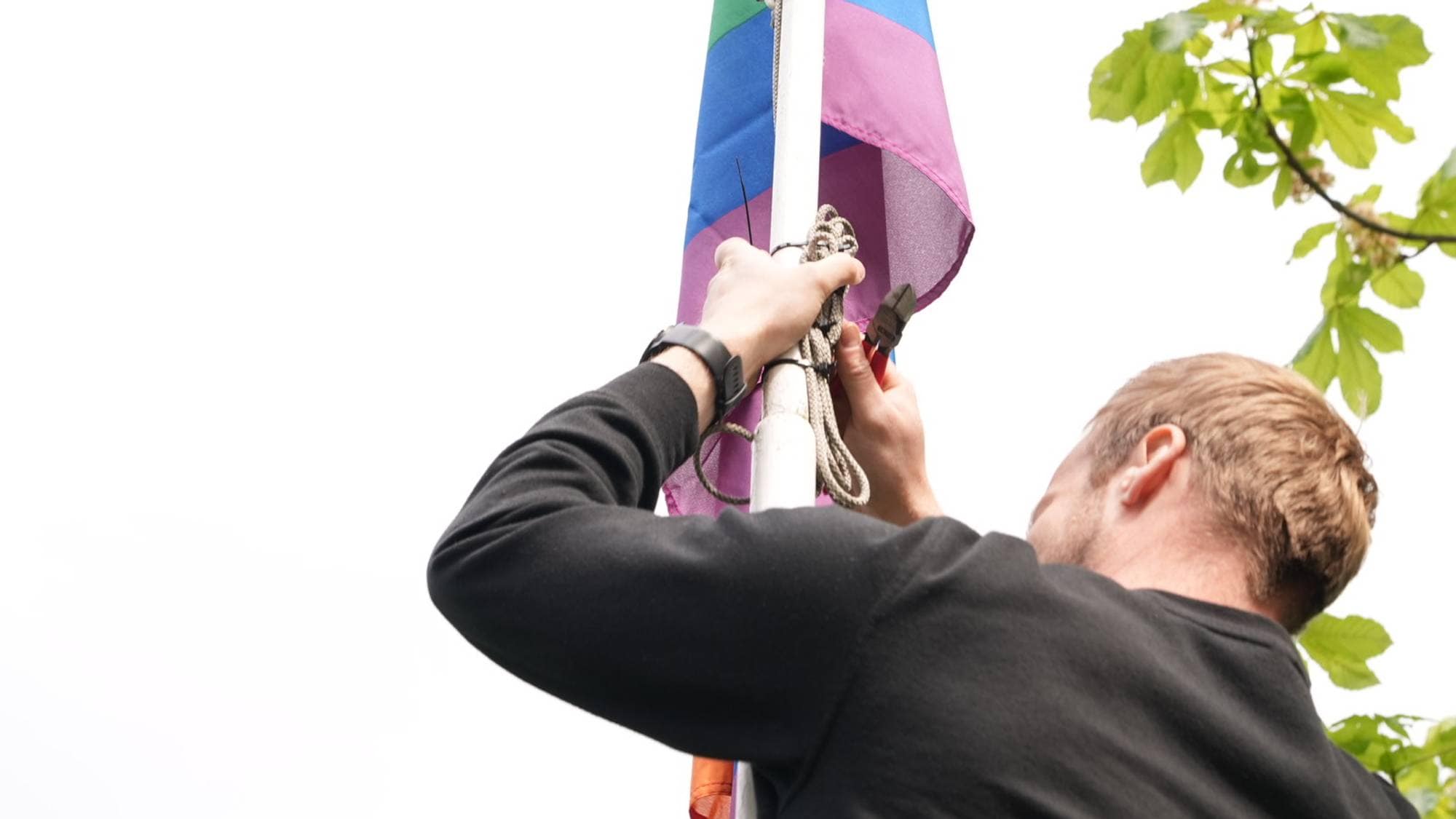 En person stripser fast et prideflagg