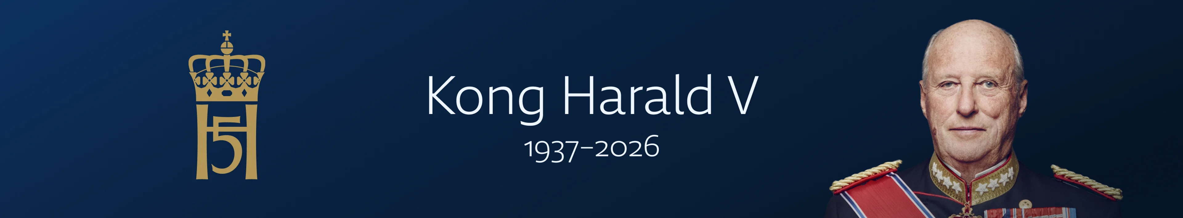 Banner med bilde av kong Harald og årstall