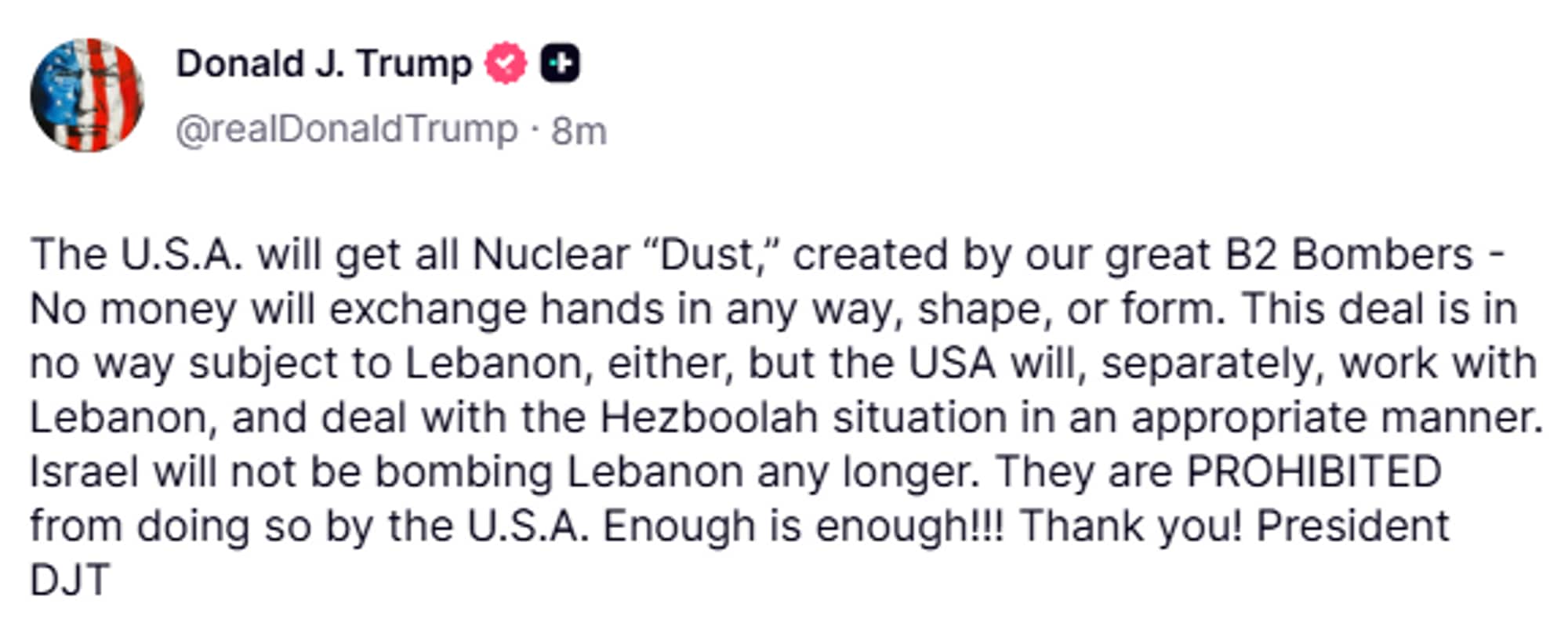 Et innlegg fra Donald Trump på Truth Social om at han forbyr Israel å bombe Libanon mer.