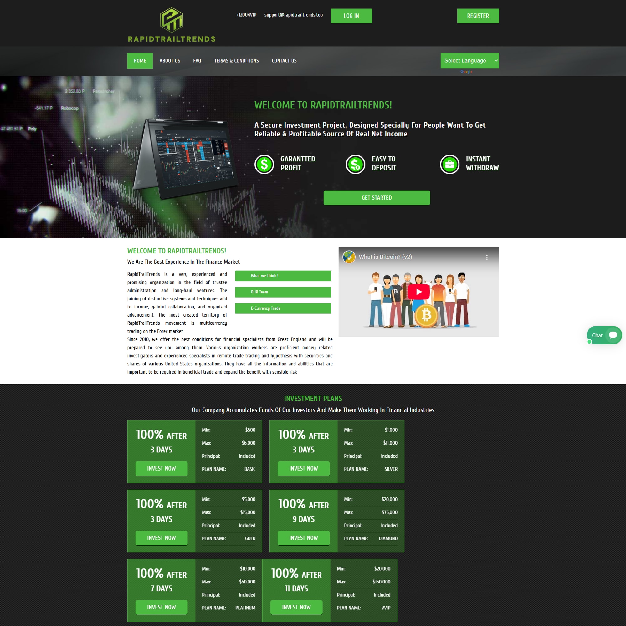 En nettside som lover stor avkastning dersom du investerer pengene dine der.