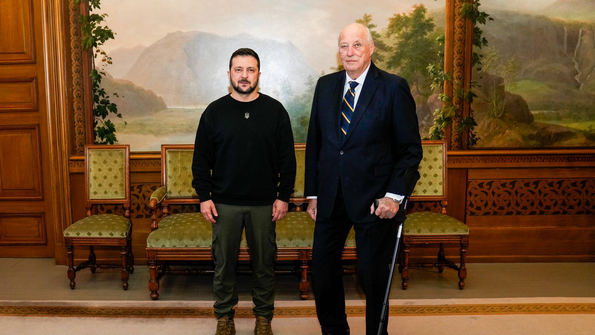 Kong Harald og Volodomyr Zelenskyj fotograferes ved siden av hverandre når Zelenskyj tas imot til audiens på Slottet 