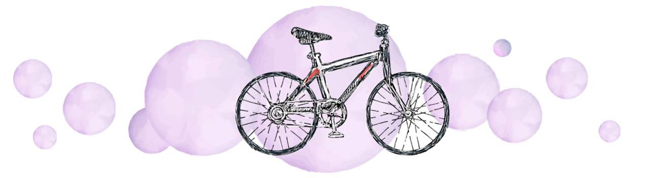 Illustrazione di una bicicletta con bolle viola come sfondo. 