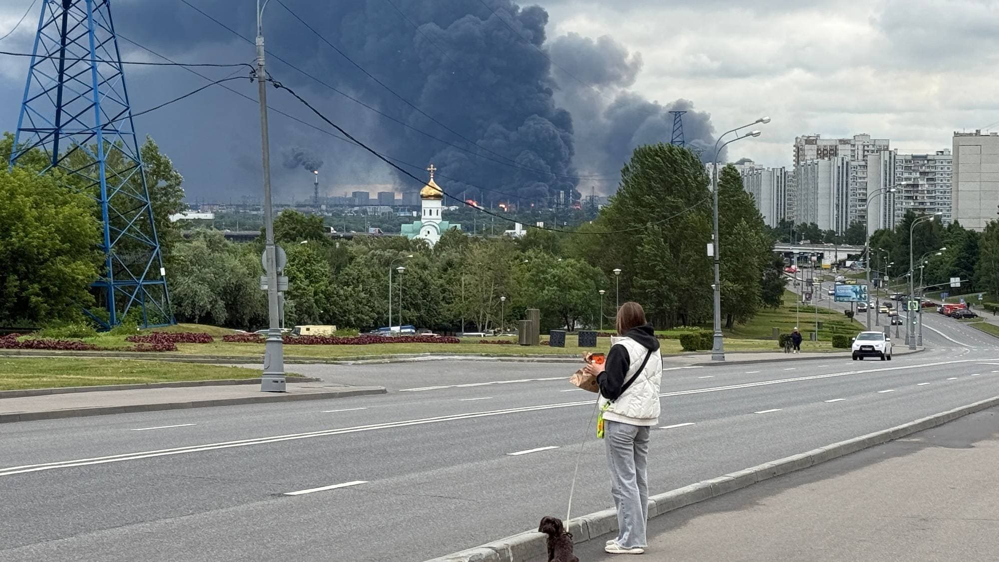 En kvinne med hund står ved en vei mens mørk røyk stiger opp fra et industriområde i bakgrunnen. Røyken dekker store deler av himmelen. Bygninger og trær er synlige i mellomgrunnen. Veien har flere kjørefelt og det er biltrafikk. (Bildebeskrivelsen er laget av en KI-tjeneste)