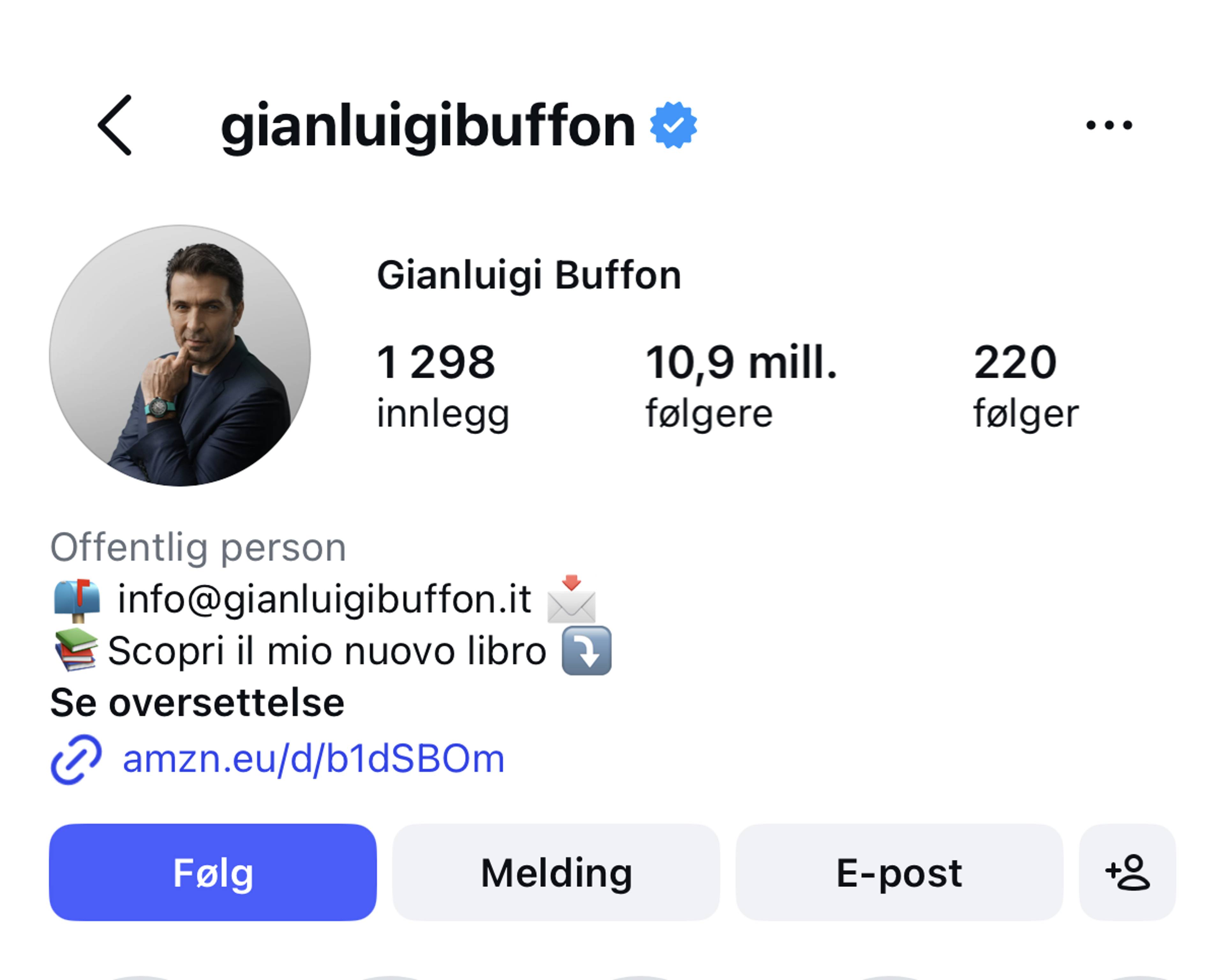 Skjermbilde av Gianluigi Buffons Instagram-profil. Profilen viser informasjon om antall innlegg, følgere og en link til en bok. Bilder viser Buffon i ulike situasjoner, inkludert et bilde fra en fotballkamp. Det vises også videoer med tekst. (Bildebeskrivelsen er laget av en KI-tjeneste)