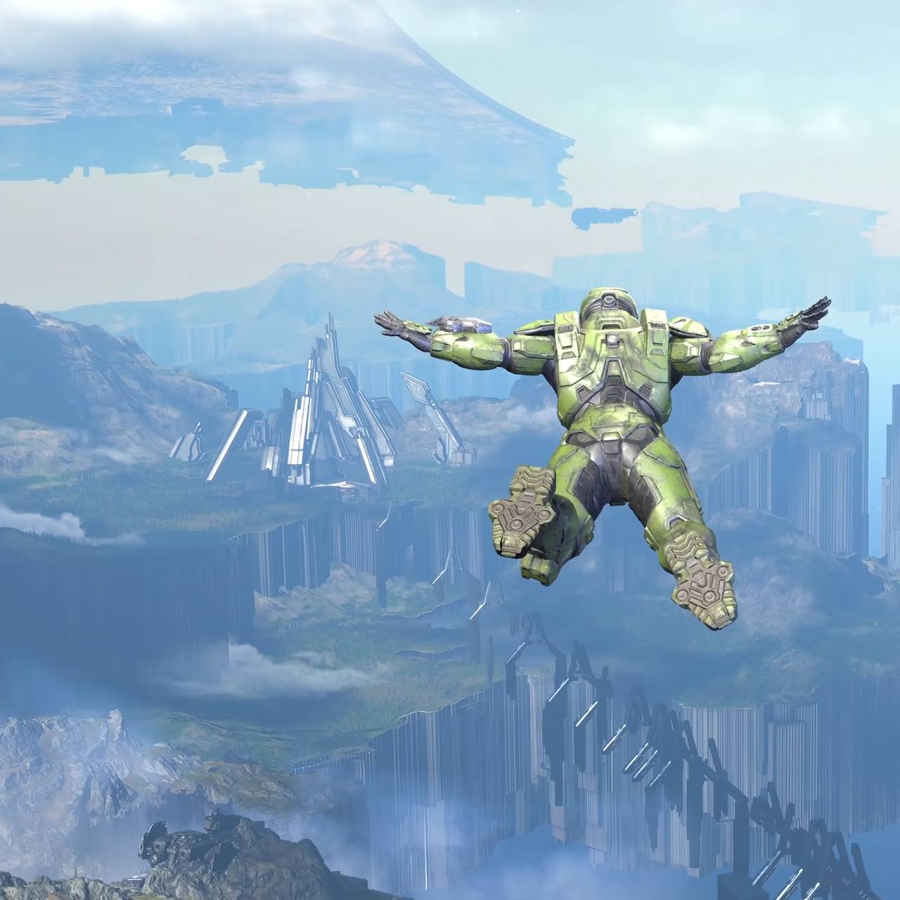 Il personaggio di Master Chief fluttua nell'aria in Halo Infinite.