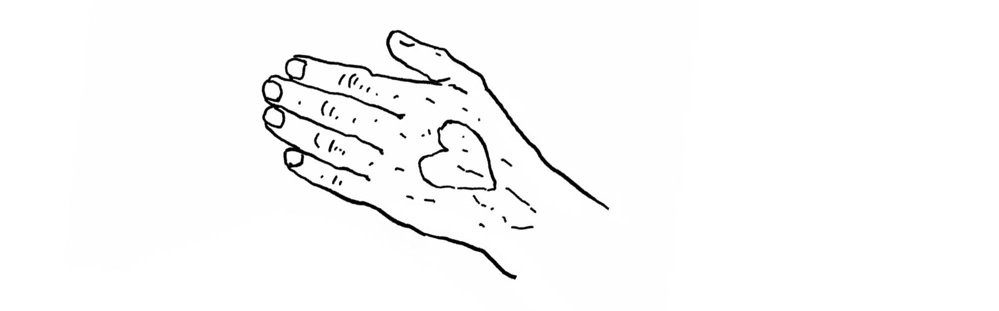 Tegning av ei hjertetatovering på hånda til Rolf Erling Knutsen.