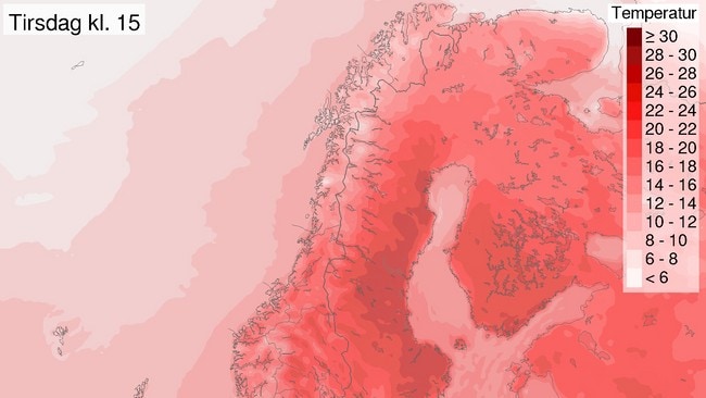 Varmt: Til uka blir det varmt flere steder. Dette kartet viser temperaturene på tirsdag nå til uka.